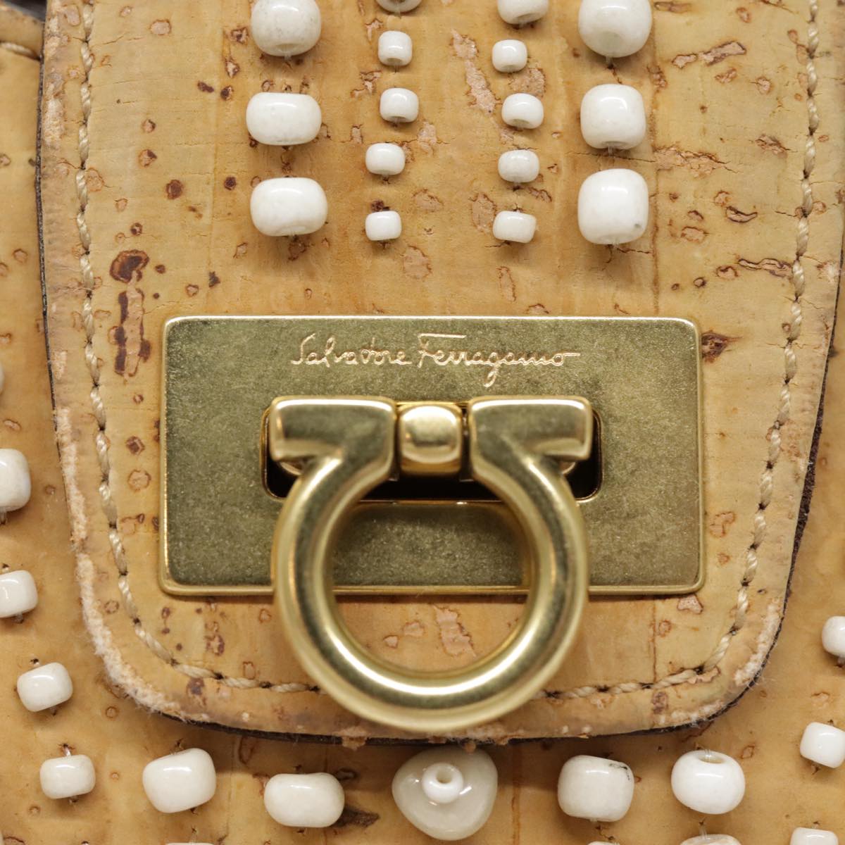 Salvatore Ferragamo Gancini Shoulder Bag Nylon Leather Brown Gold Auth 91386V