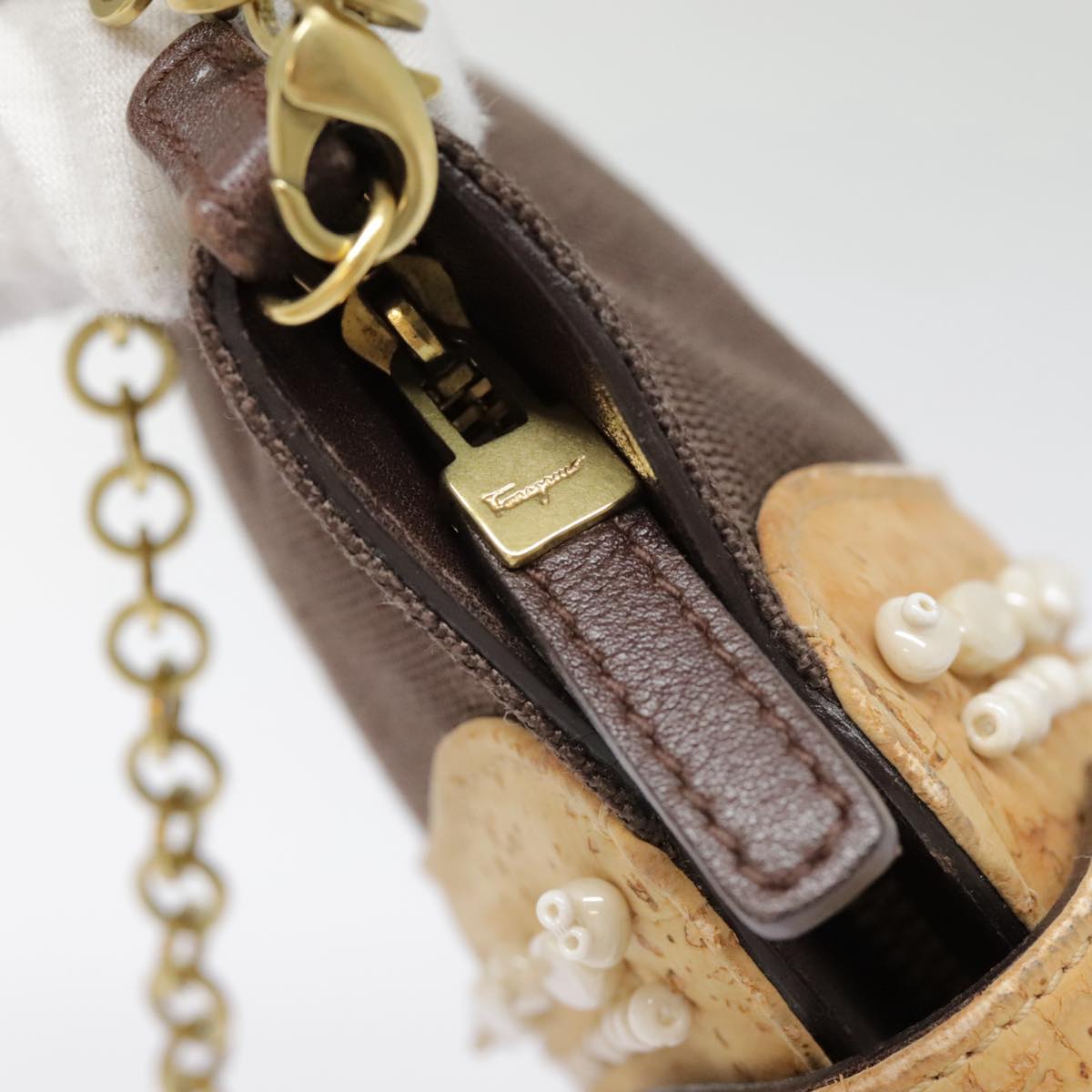 Salvatore Ferragamo Gancini Shoulder Bag Nylon Leather Brown Gold Auth 91386V