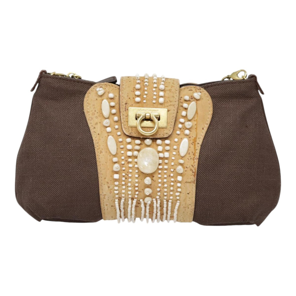 Salvatore Ferragamo Gancini Shoulder Bag Nylon Leather Brown Gold Auth 91386V