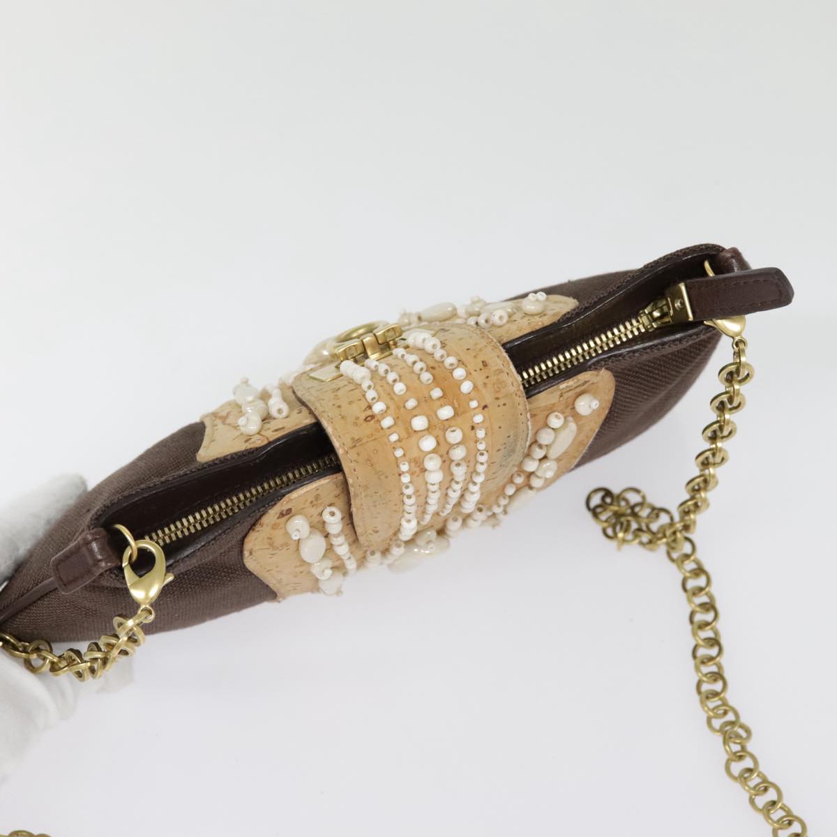 Salvatore Ferragamo Gancini Shoulder Bag Nylon Leather Brown Gold Auth 91386V