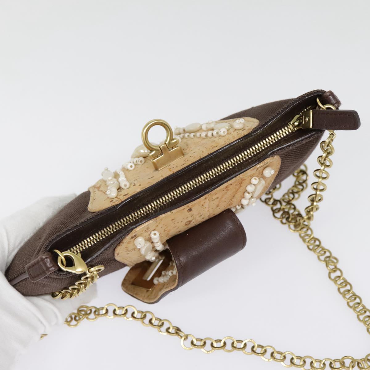 Salvatore Ferragamo Gancini Shoulder Bag Nylon Leather Brown Gold Auth 91386V