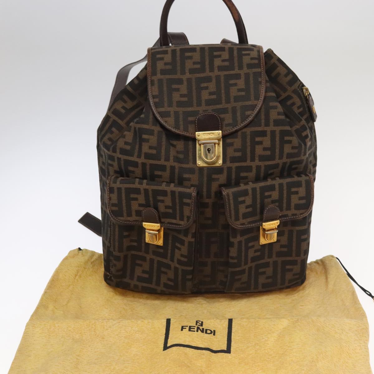 FENDI Zucca Canvas Backpack Brown Black gold Auth 91551V