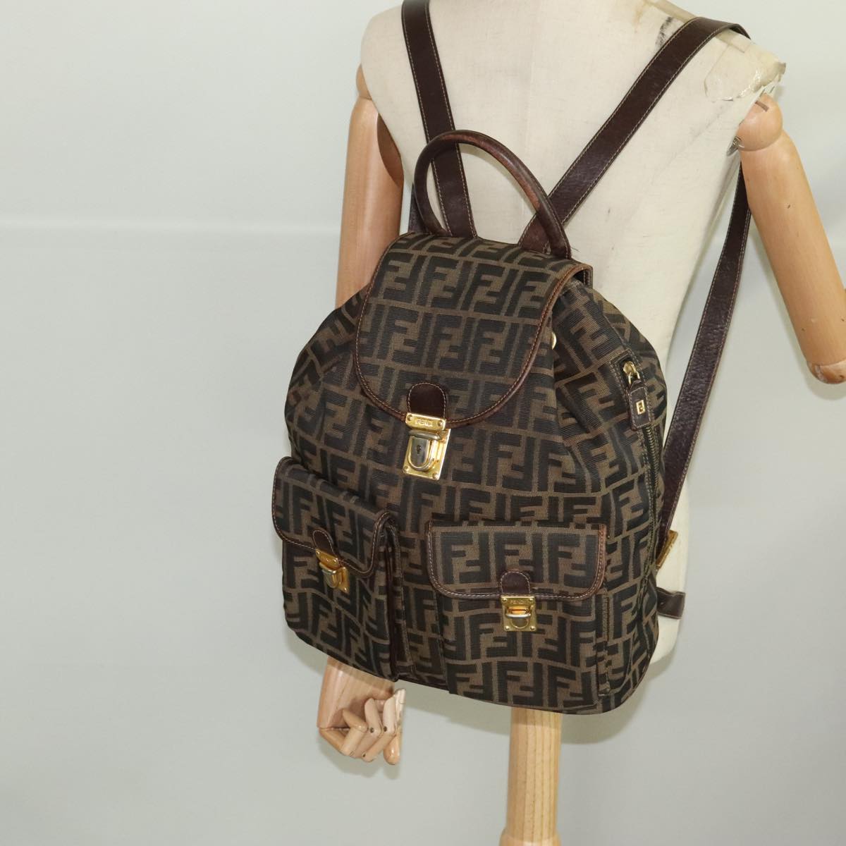 FENDI Zucca Canvas Backpack Brown Black gold Auth 91551V