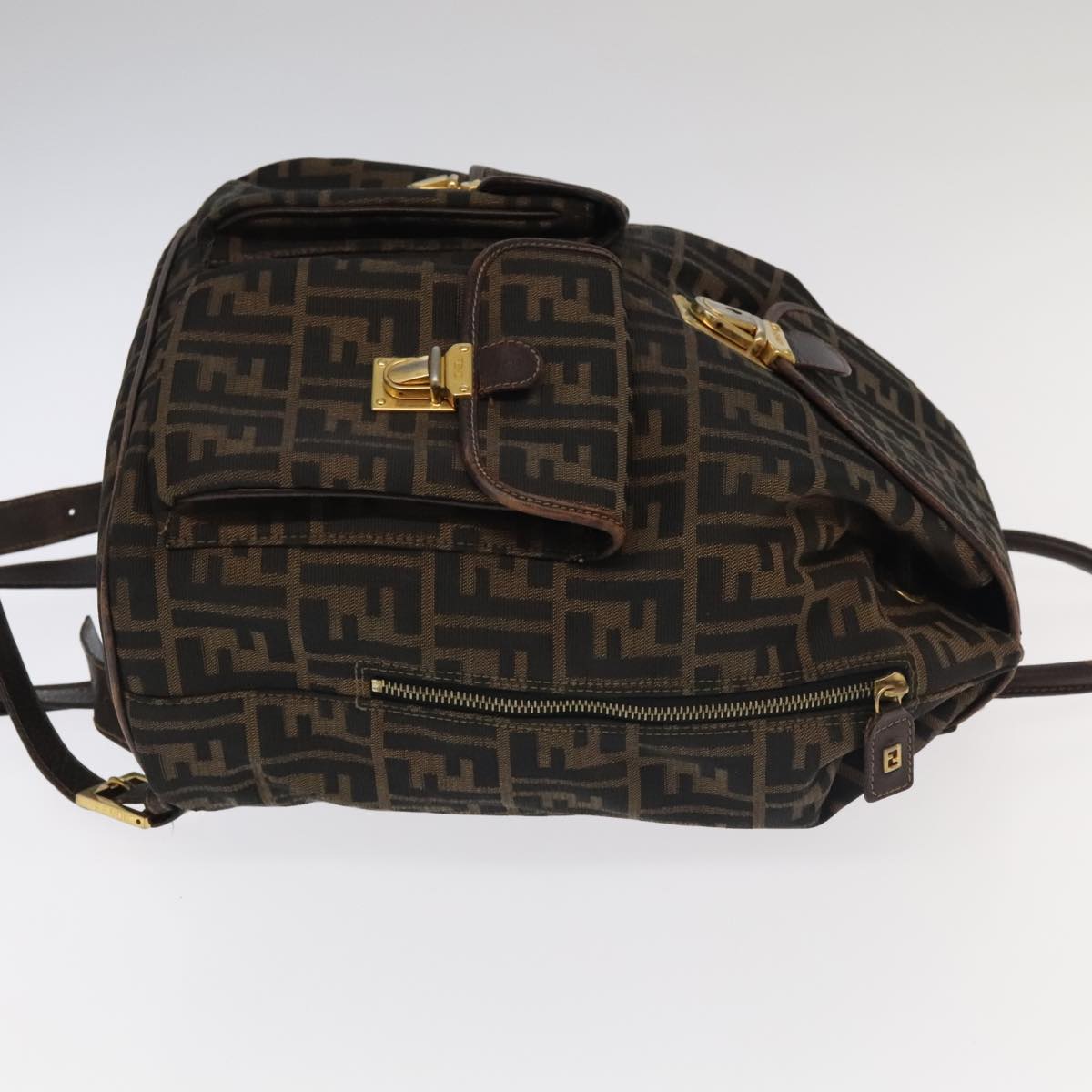 FENDI Zucca Canvas Backpack Brown Black gold Auth 91551V