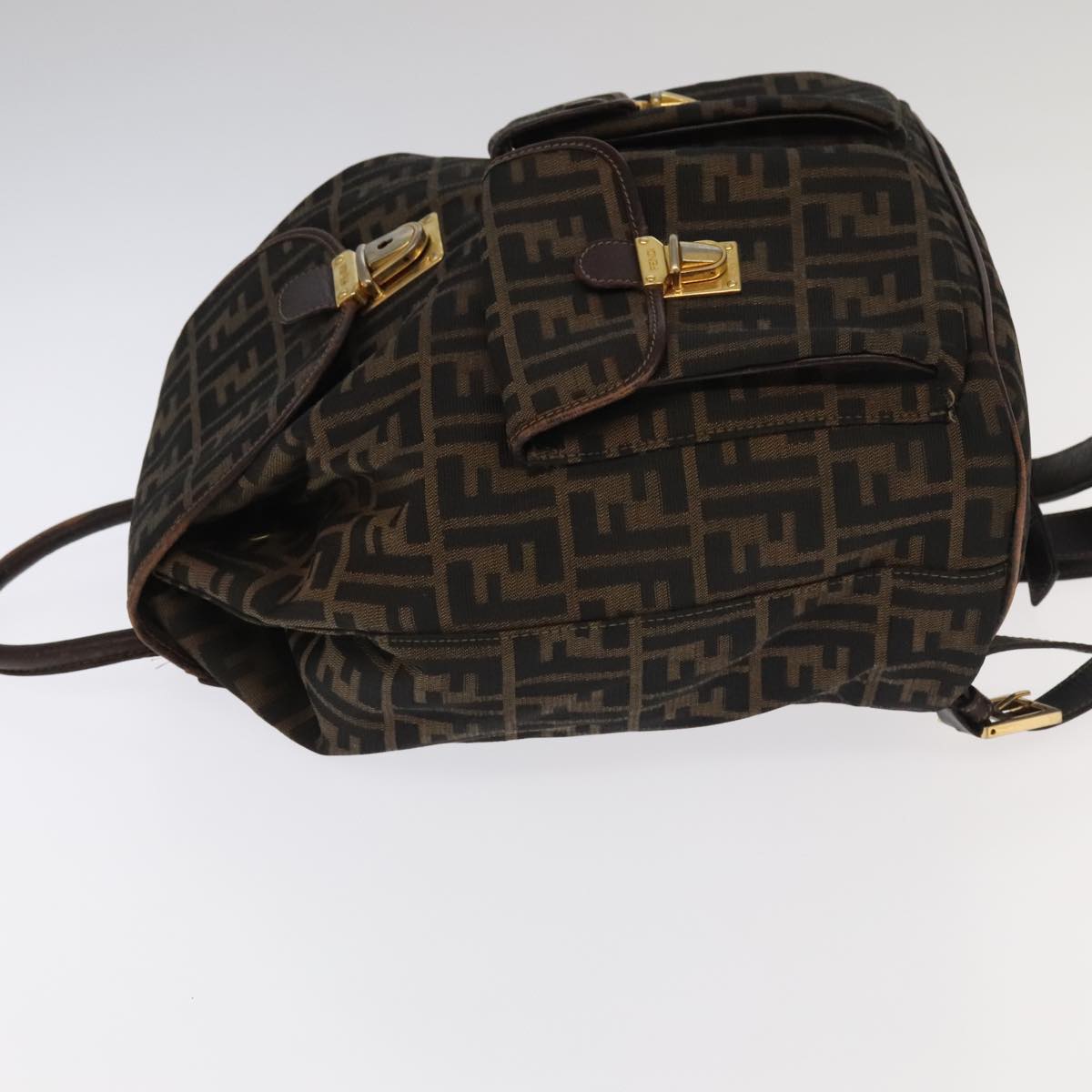 FENDI Zucca Canvas Backpack Brown Black gold Auth 91551V