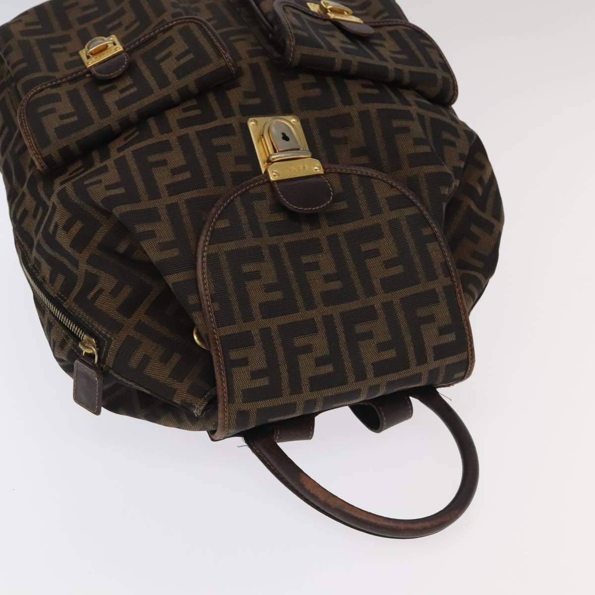 FENDI Zucca Canvas Backpack Brown Black gold Auth 91551V