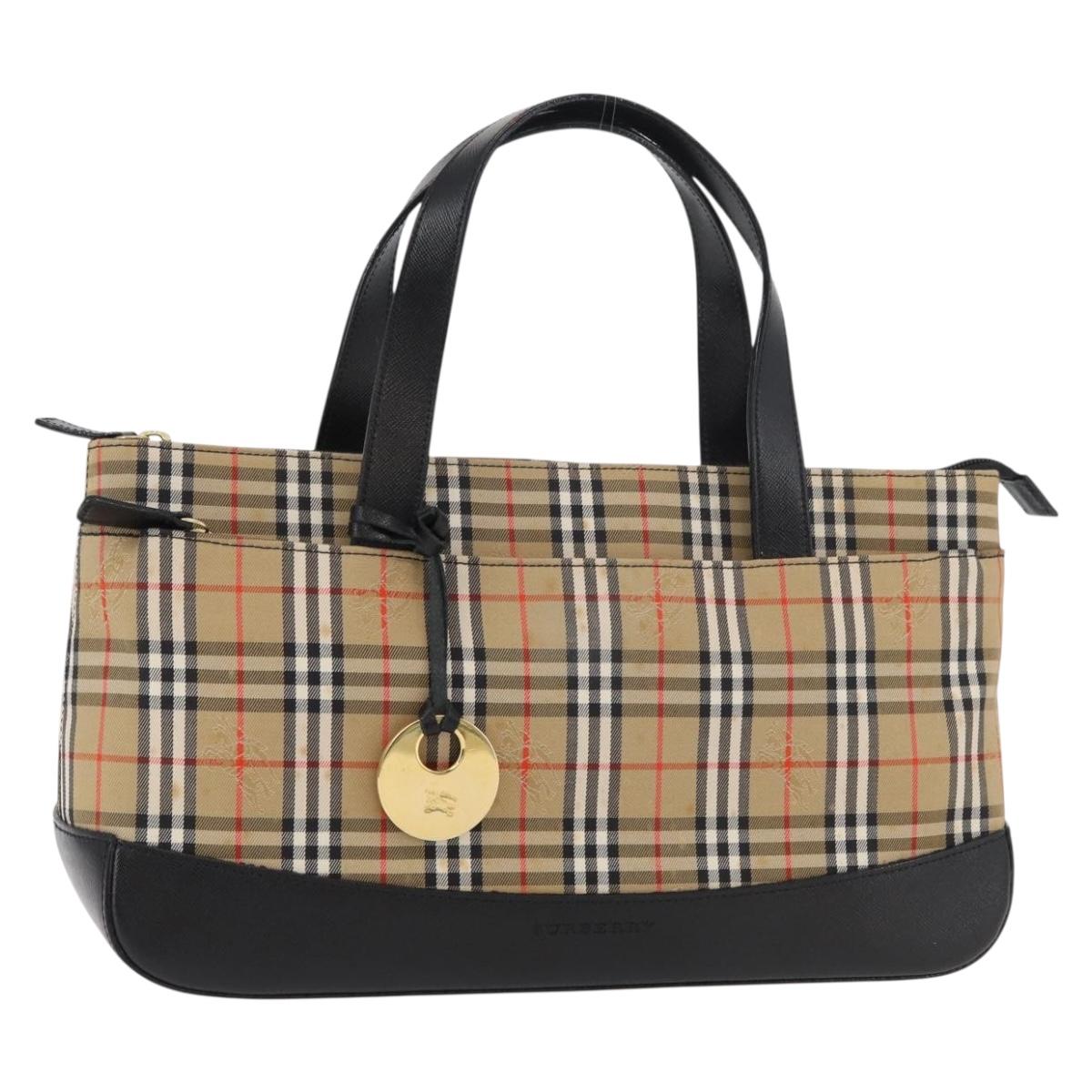 BURBERRY Nova Check Hand Bag Canvas Leather Beige Gold Auth 91568
