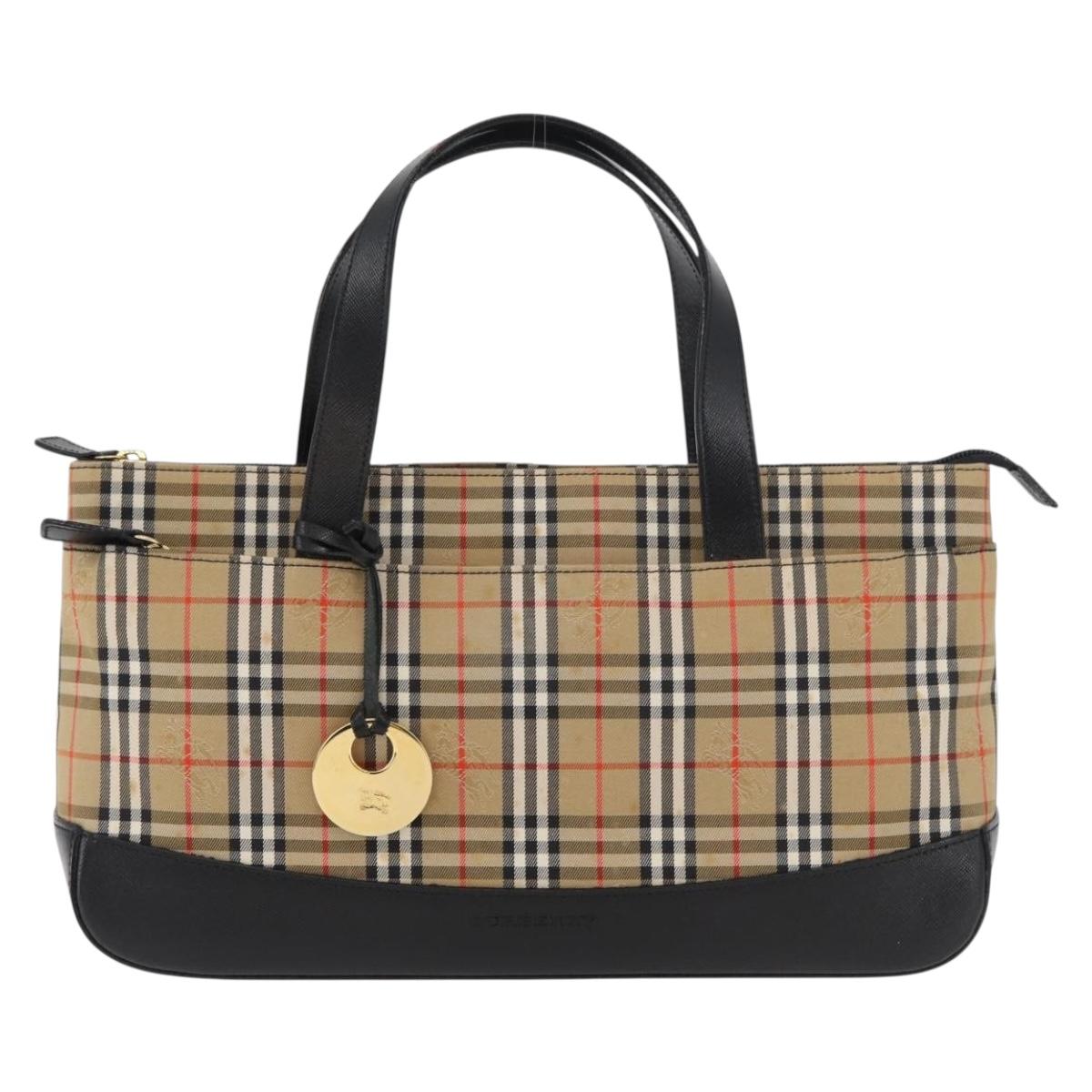 BURBERRY Nova Check Hand Bag Canvas Leather Beige Gold Auth 91568