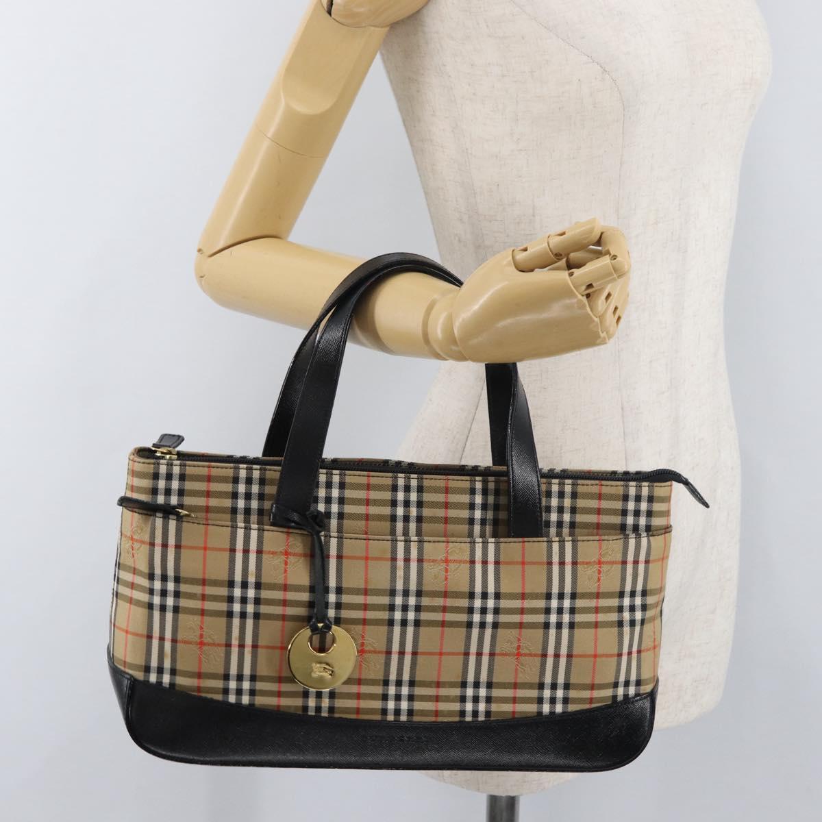 BURBERRY Nova Check Hand Bag Canvas Leather Beige Gold Auth 91568