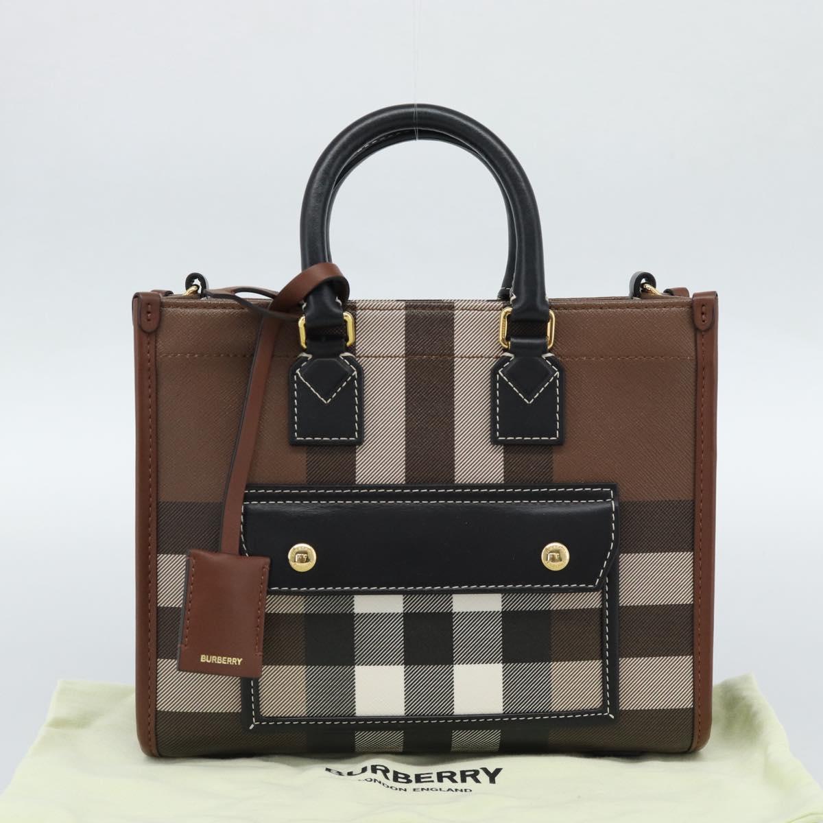 BURBERRY Nova Check Hand Bag Leather 2way Brown Gold Auth 91589A