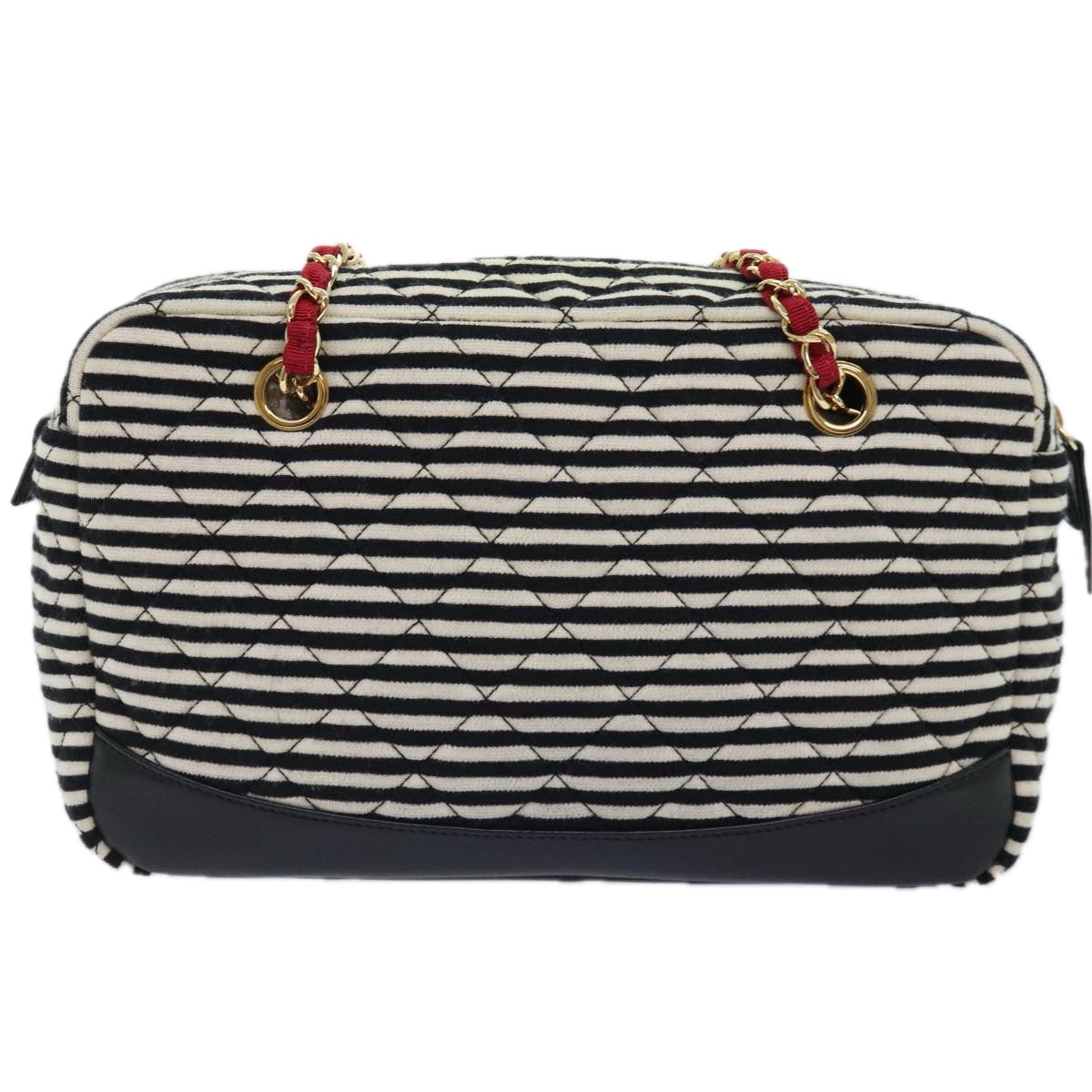 CHANEL Matelasse Chain Shoulder Bag Cotton Black White CC Auth 92066SM