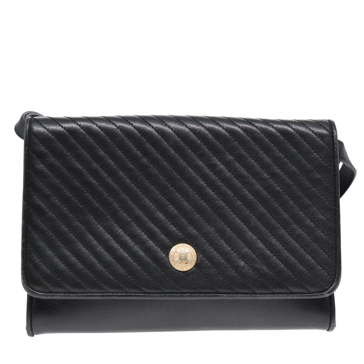 CELINE Shoulder Bag Leather Black Gold Auth 92111