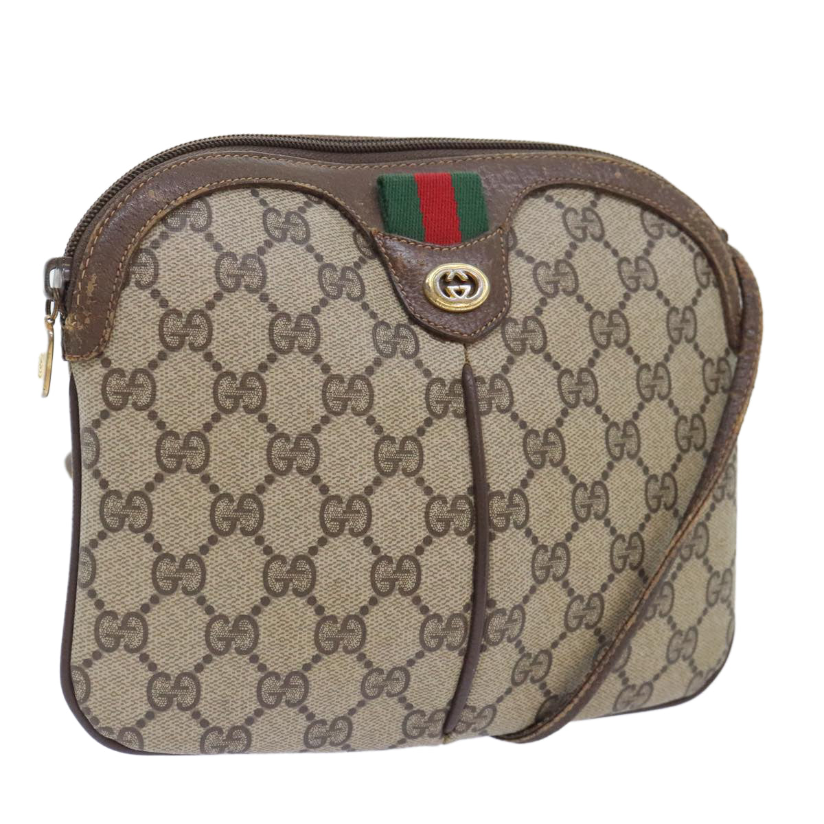 GUCCI GG Canvas Web Sherry Line Shoulder Bag PVC Leather Beige Green Auth 92419