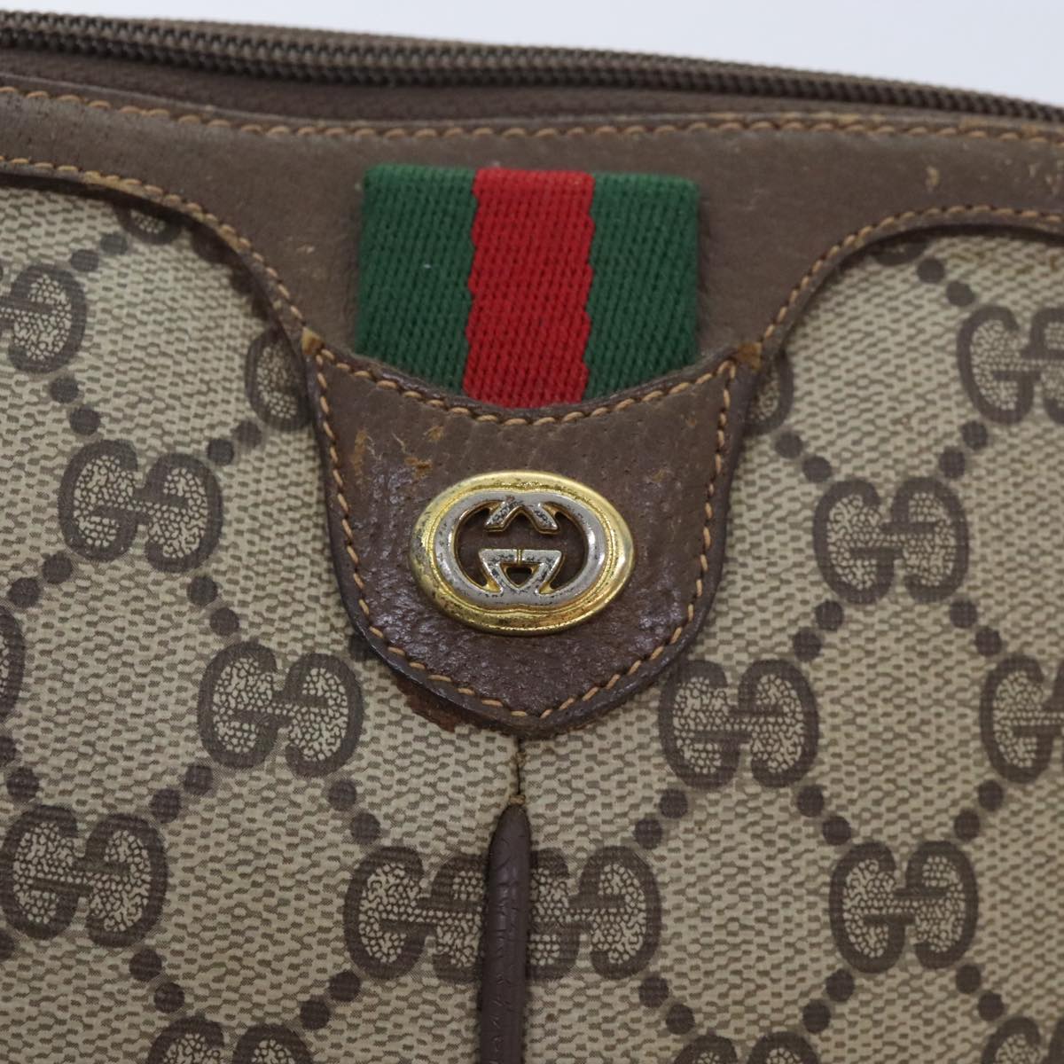 GUCCI GG Canvas Web Sherry Line Shoulder Bag PVC Leather Beige Green Auth 92419