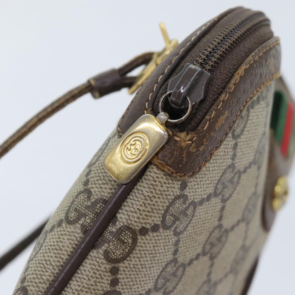 GUCCI GG Canvas Web Sherry Line Shoulder Bag PVC Leather Beige Green Auth 92419