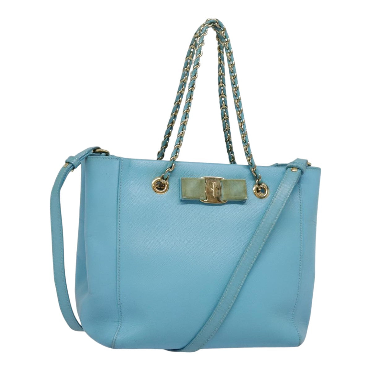 Salvatore Ferragamo Hand Bag Safiano leather 2way Light Blue Gold Auth 92430