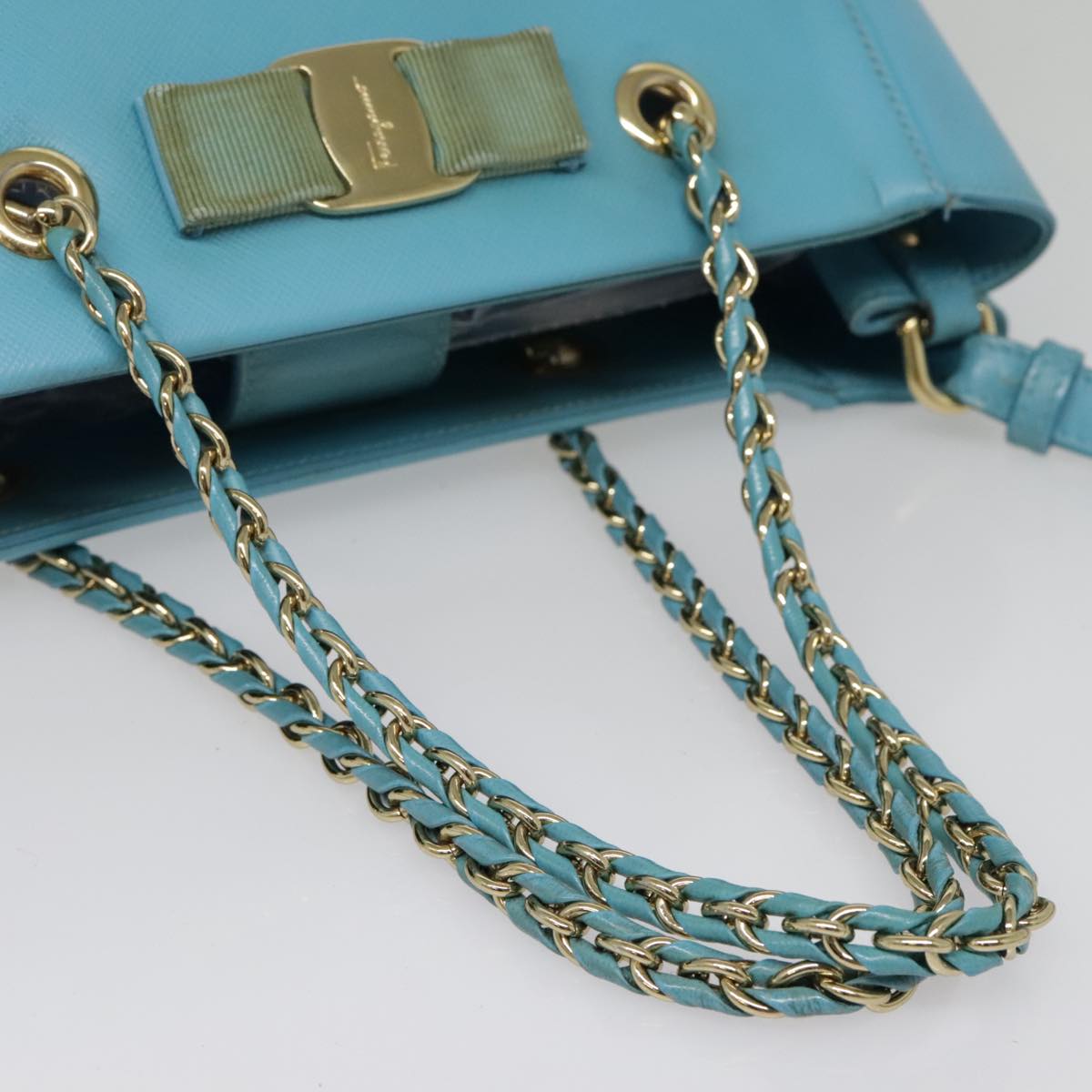 Salvatore Ferragamo Hand Bag Safiano leather 2way Light Blue Gold Auth 92430