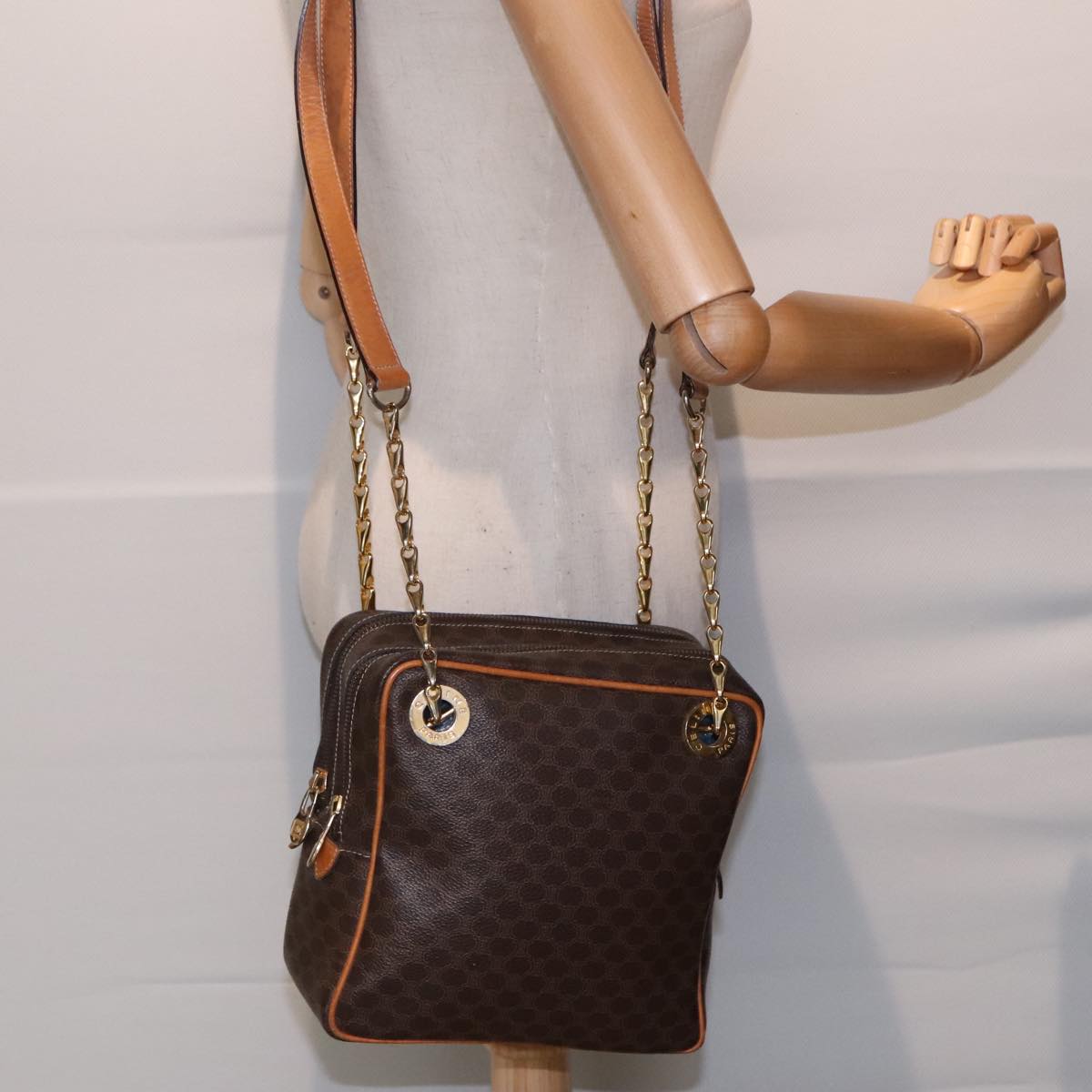 CELINE Macadam Canvas Shoulder Bag PVC Leather Brown Gold Auth 92489