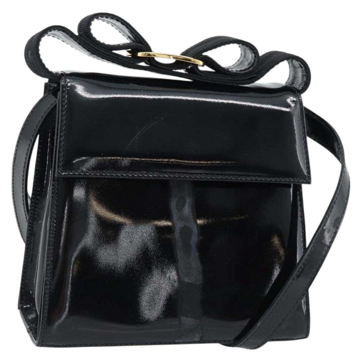 Salvatore Ferragamo Shoulder Bag Patent Leather Black Gold Auth 92696
