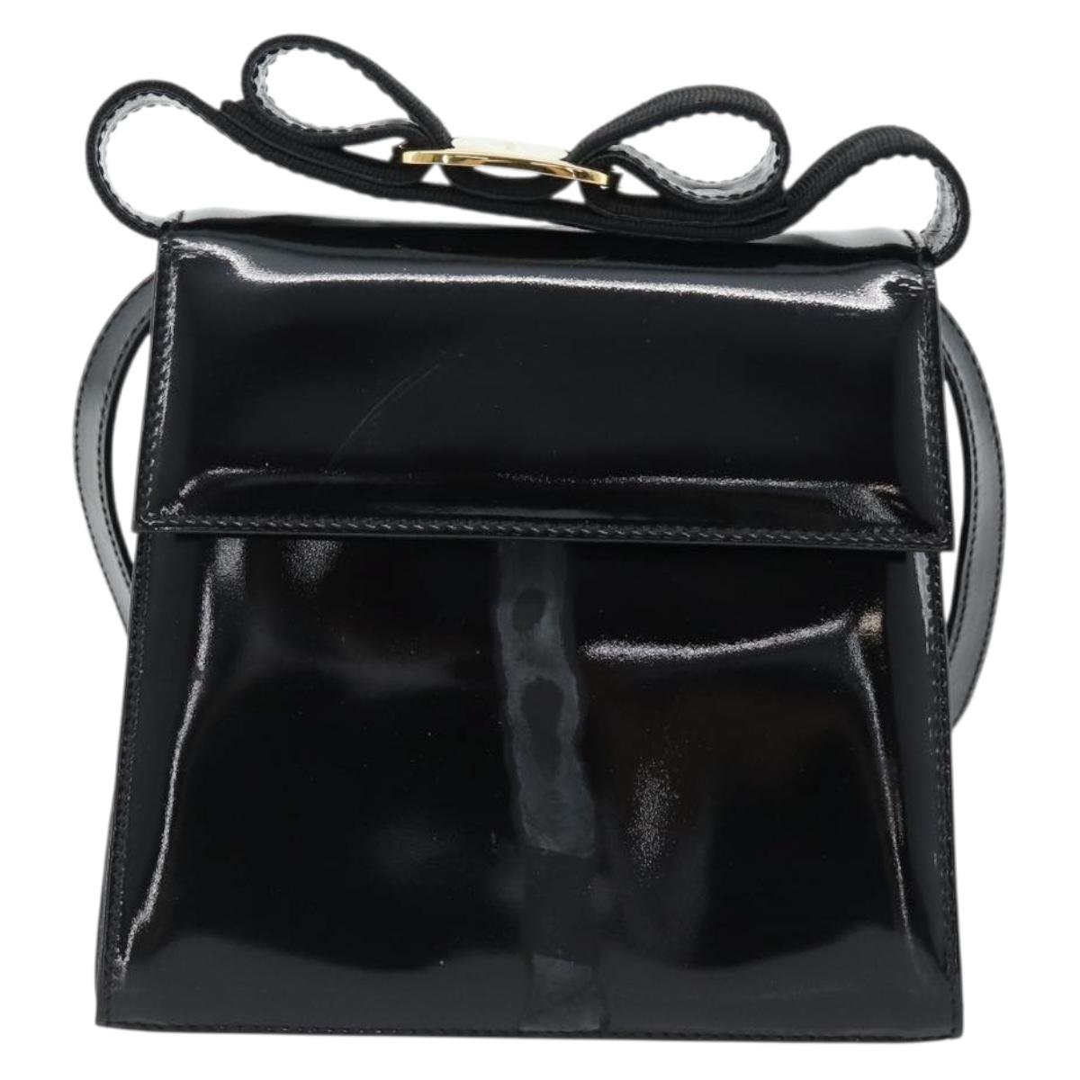 Salvatore Ferragamo Shoulder Bag Patent Leather Black Gold Auth 92696