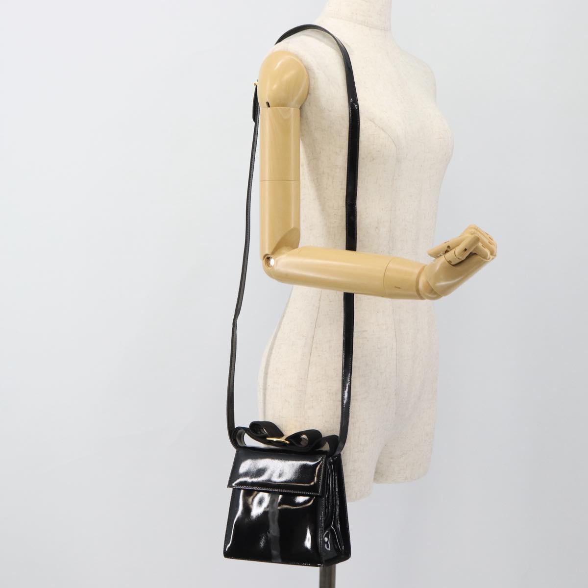 Salvatore Ferragamo Shoulder Bag Patent Leather Black Gold Auth 92696