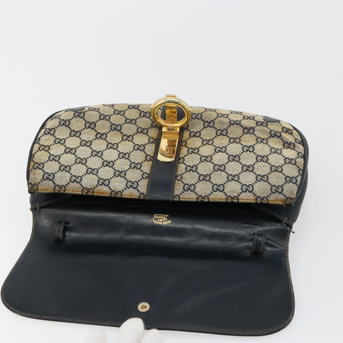 GUCCI GG Canvas Shoulder Bag Beige Navy Gold Auth 92734