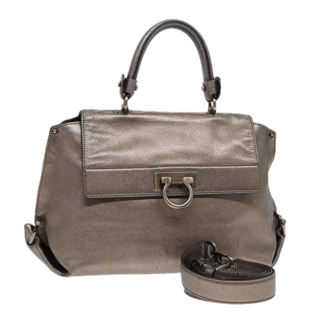 Salvatore Ferragamo Gancini Sofia Hand Bag Leather 2way Silver Auth 92815