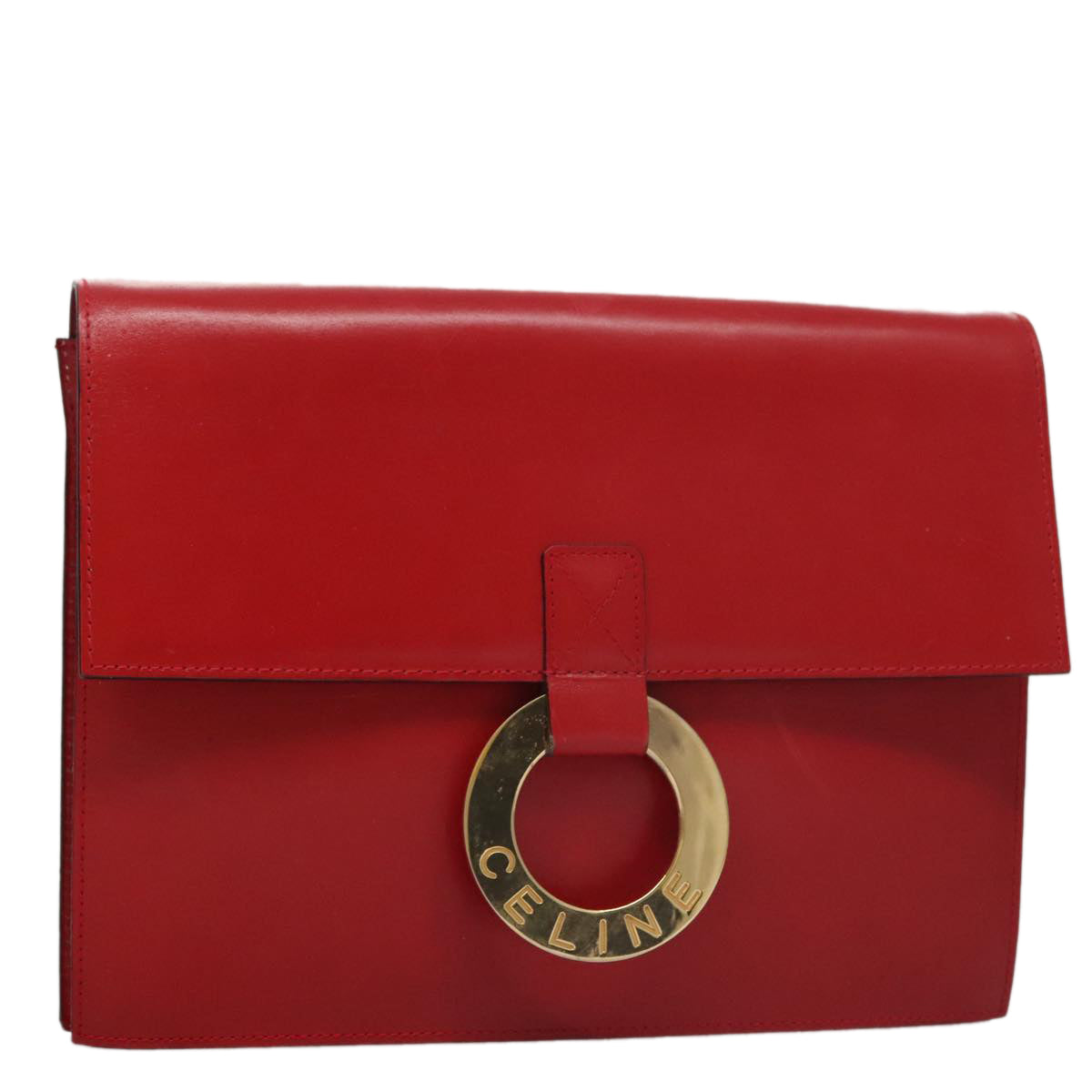 CELINE Clutch Bag Leather Red Gold Auth 92873