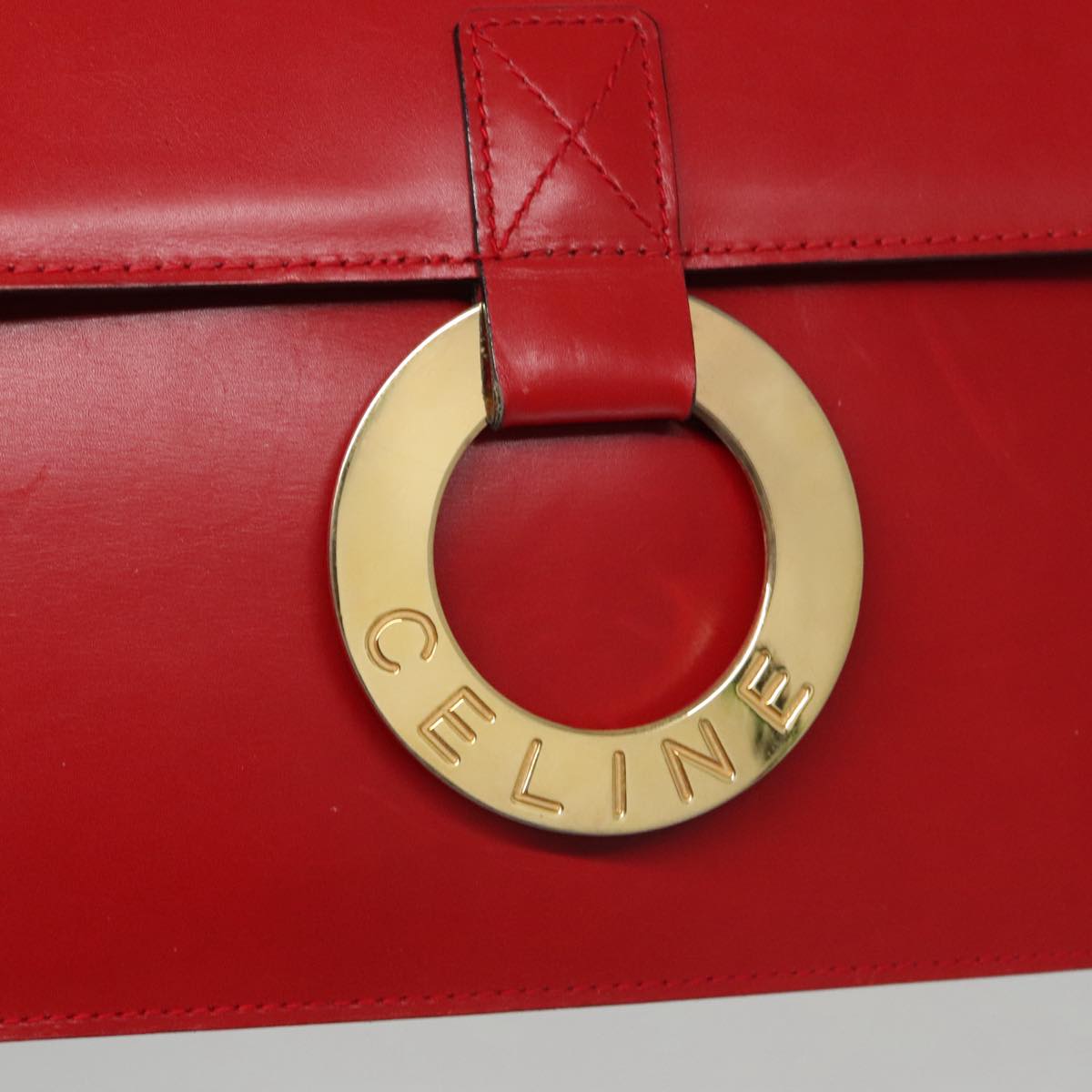 CELINE Clutch Bag Leather Red Gold Auth 92873
