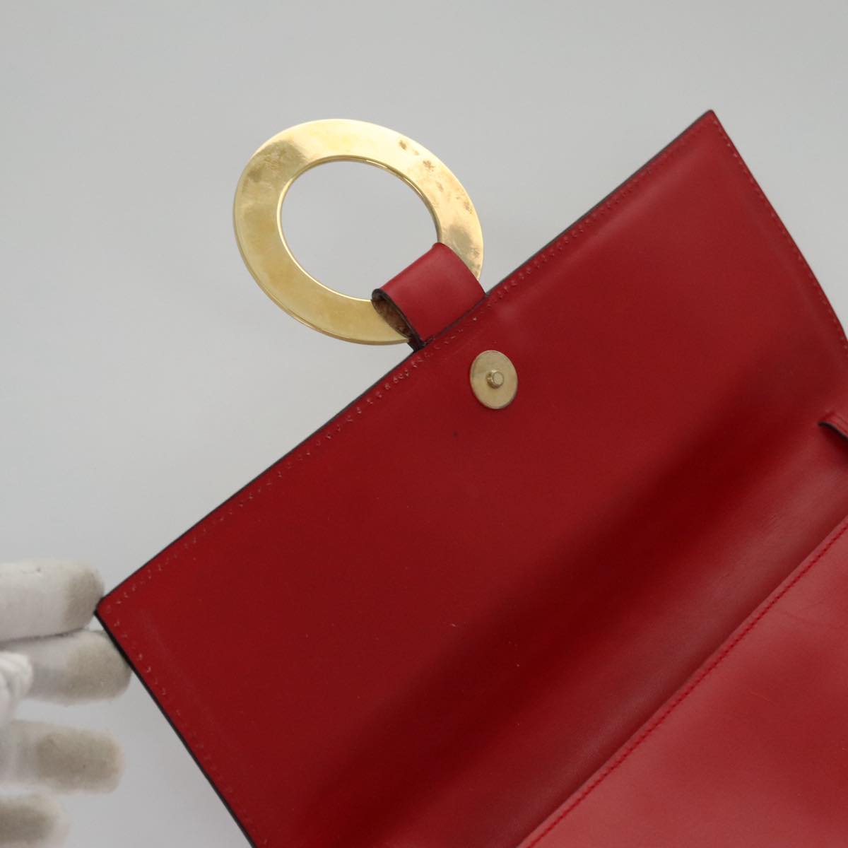 CELINE Clutch Bag Leather Red Gold Auth 92873