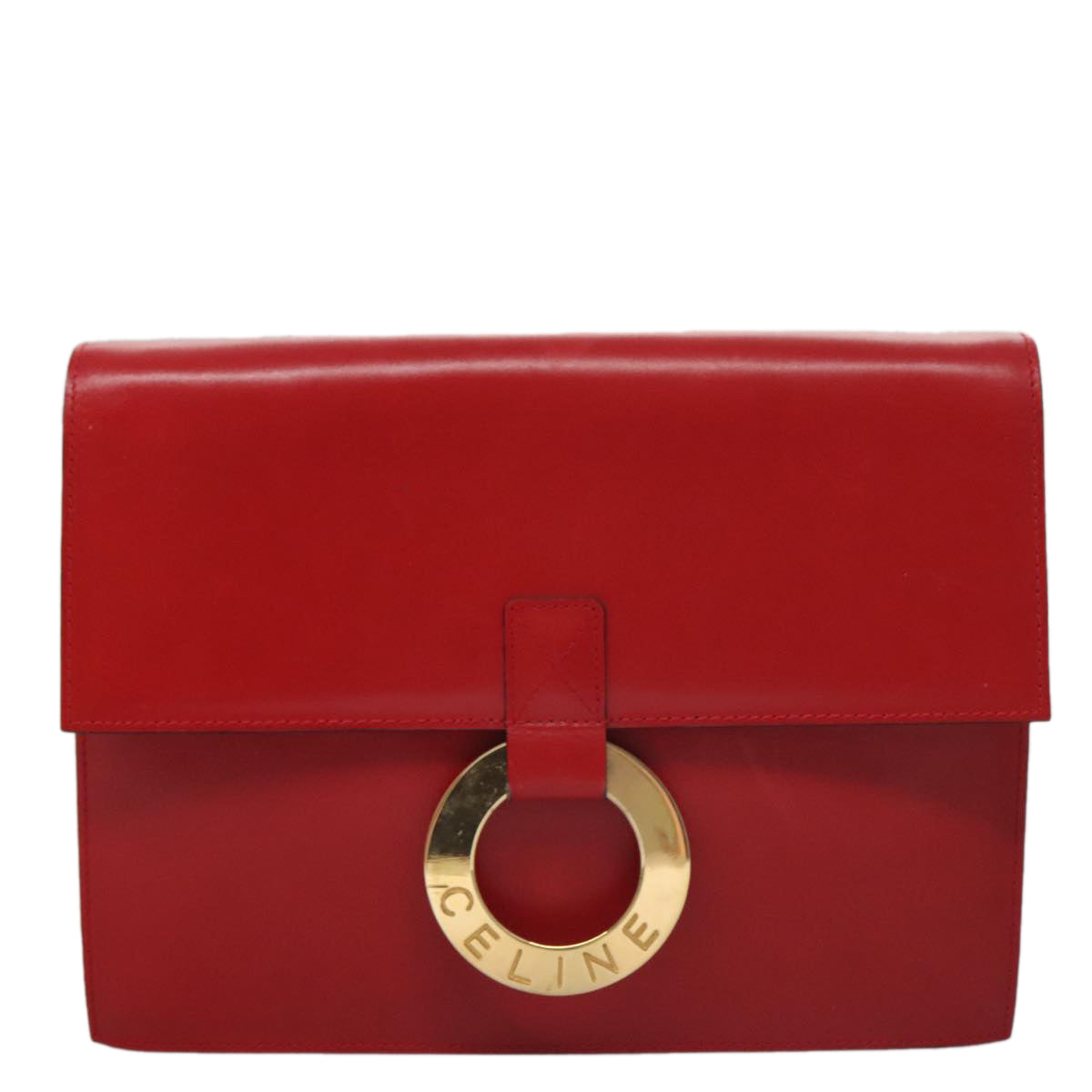 CELINE Clutch Bag Leather Red Gold Auth 92873