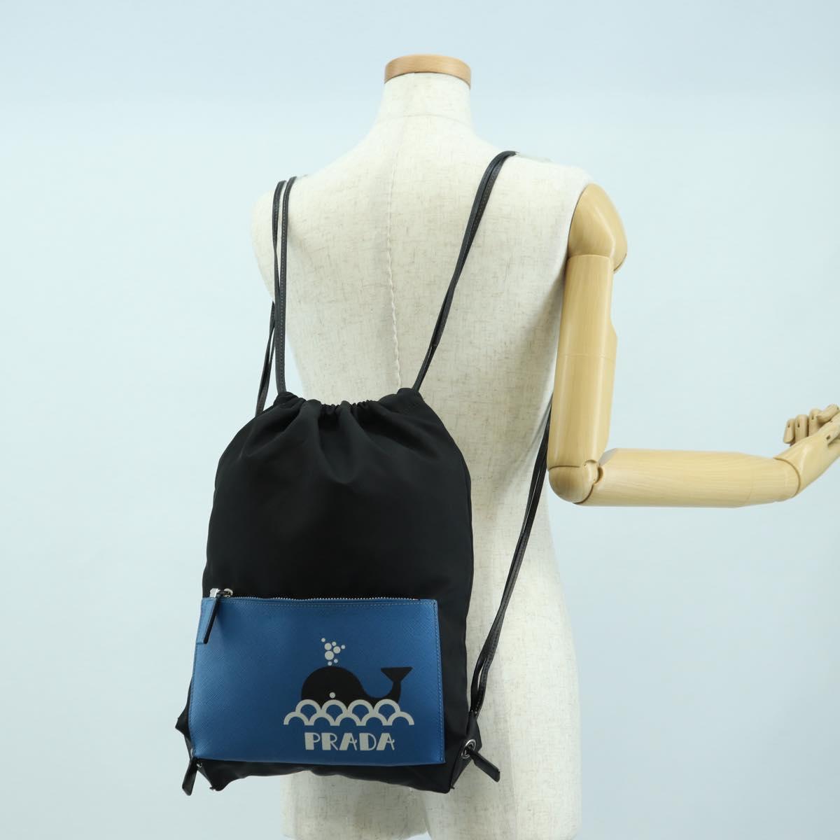 PRADA Backpack Nylon Leather Black Blue Silver Auth 92876