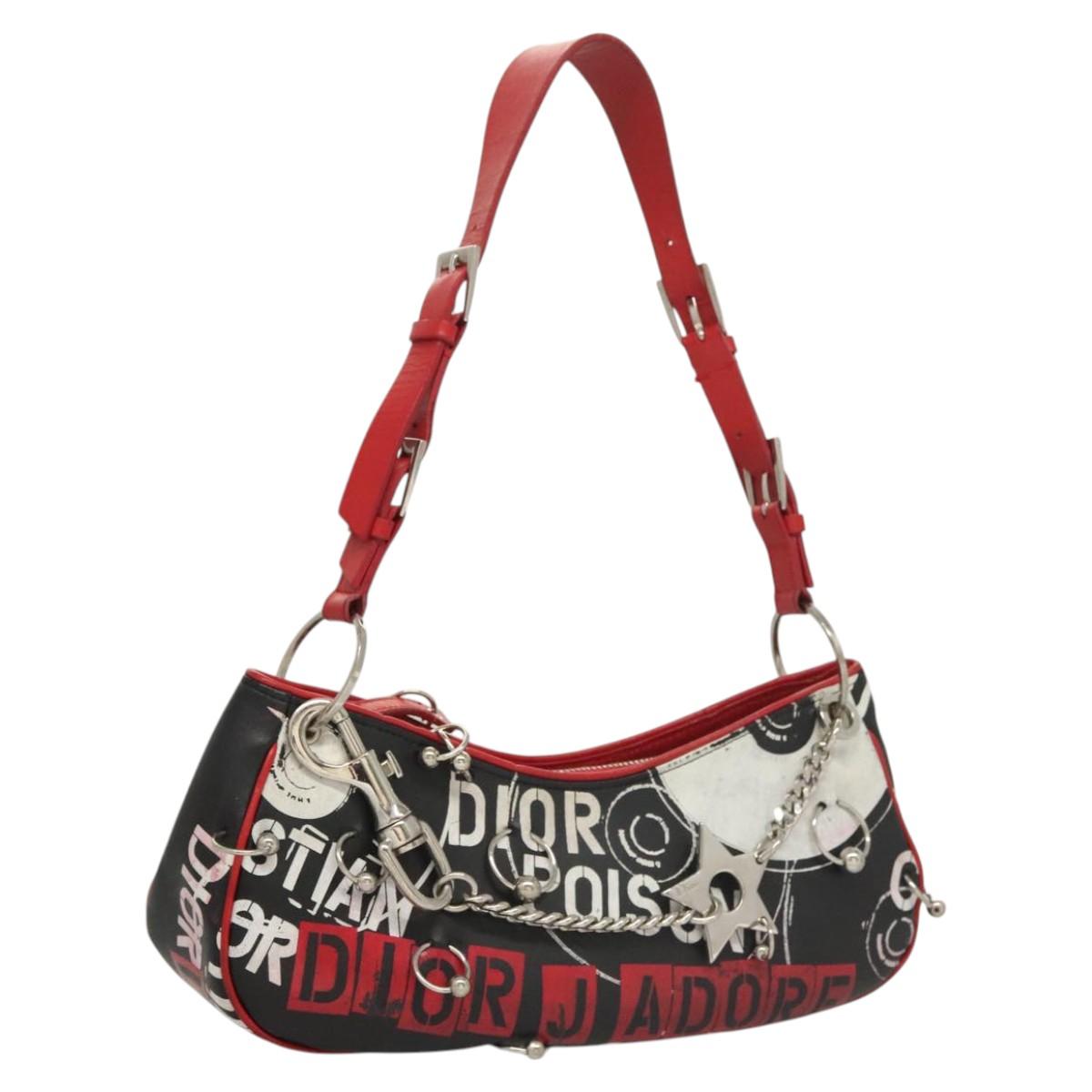 Christian Dior Shoulder Bag Leather Black Red Silver Auth 92933