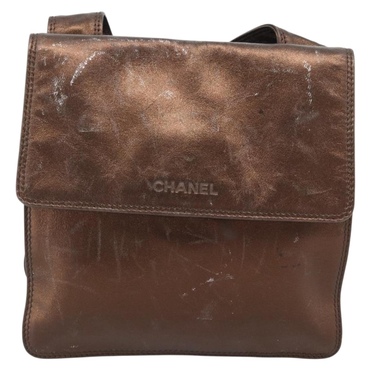 CHANEL Shoulder Bag Leather Bronze Gold CC Auth 93241