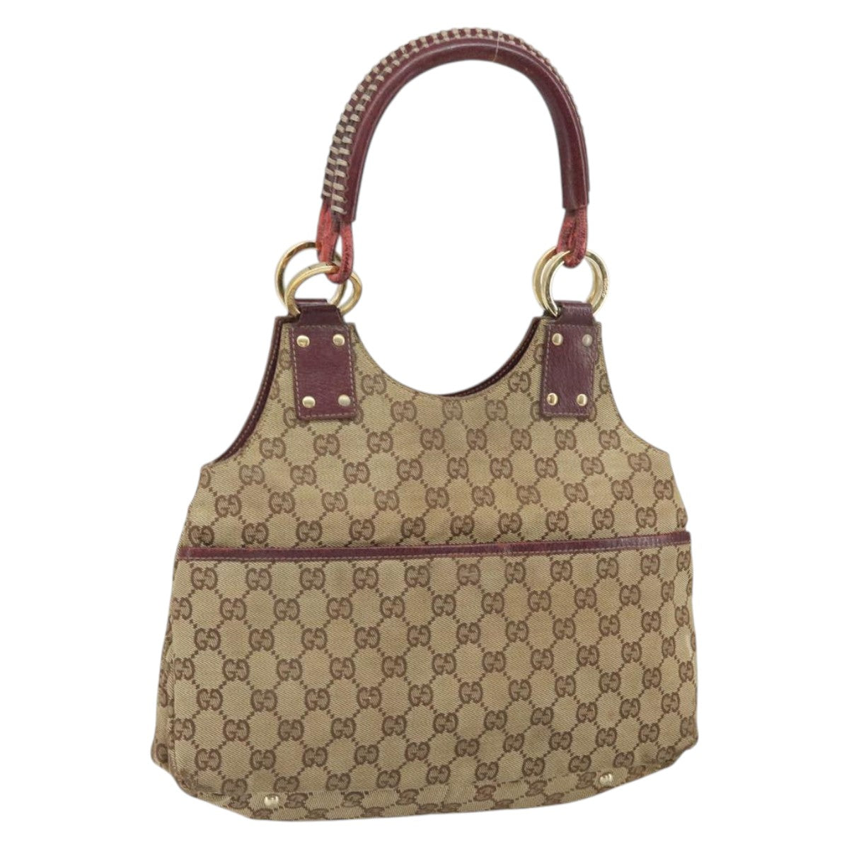 GUCCI GG Canvas Hand Bag Beige Wine Red Gold 131329 Auth 93378