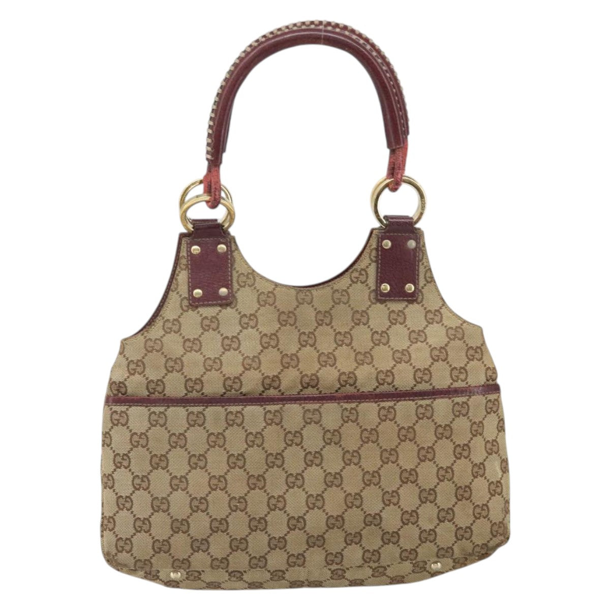 GUCCI GG Canvas Hand Bag Beige Wine Red Gold 131329 Auth 93378