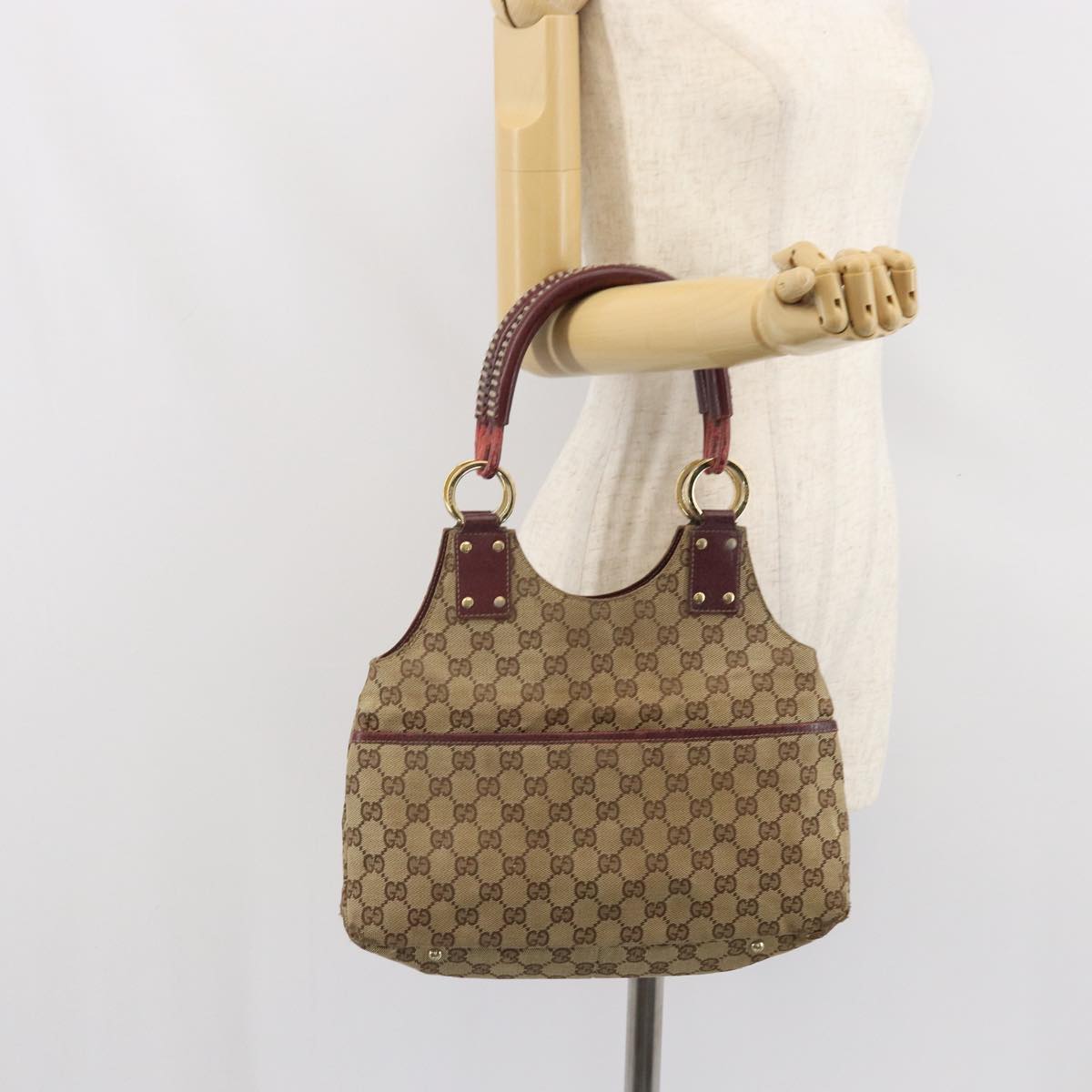 GUCCI GG Canvas Hand Bag Beige Wine Red Gold 131329 Auth 93378