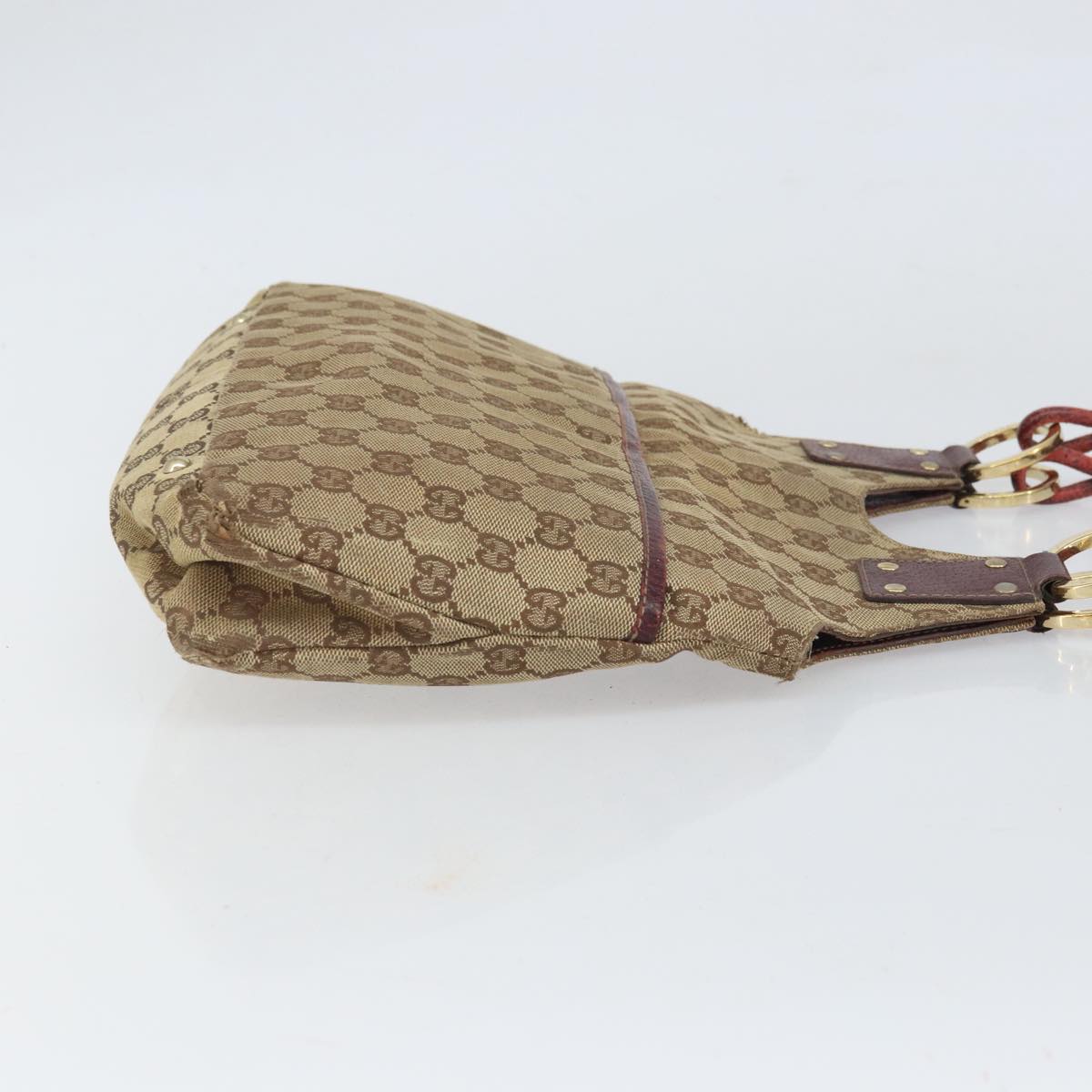 GUCCI GG Canvas Hand Bag Beige Wine Red Gold 131329 Auth 93378