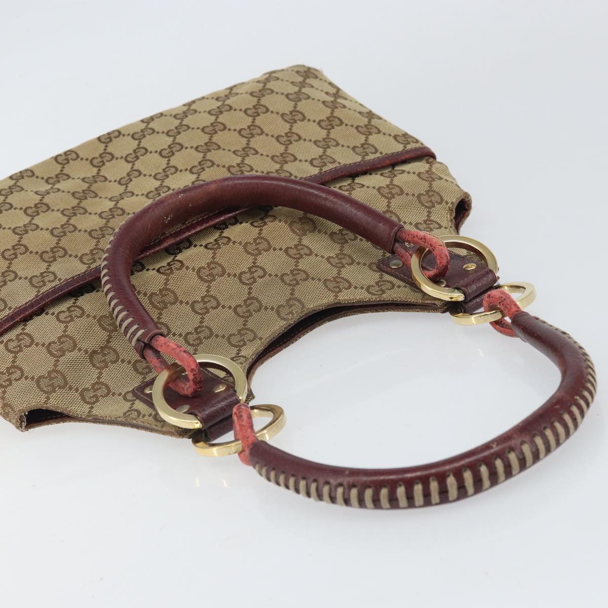 GUCCI GG Canvas Hand Bag Beige Wine Red Gold 131329 Auth 93378