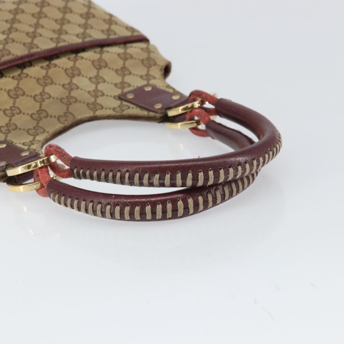 GUCCI GG Canvas Hand Bag Beige Wine Red Gold 131329 Auth 93378