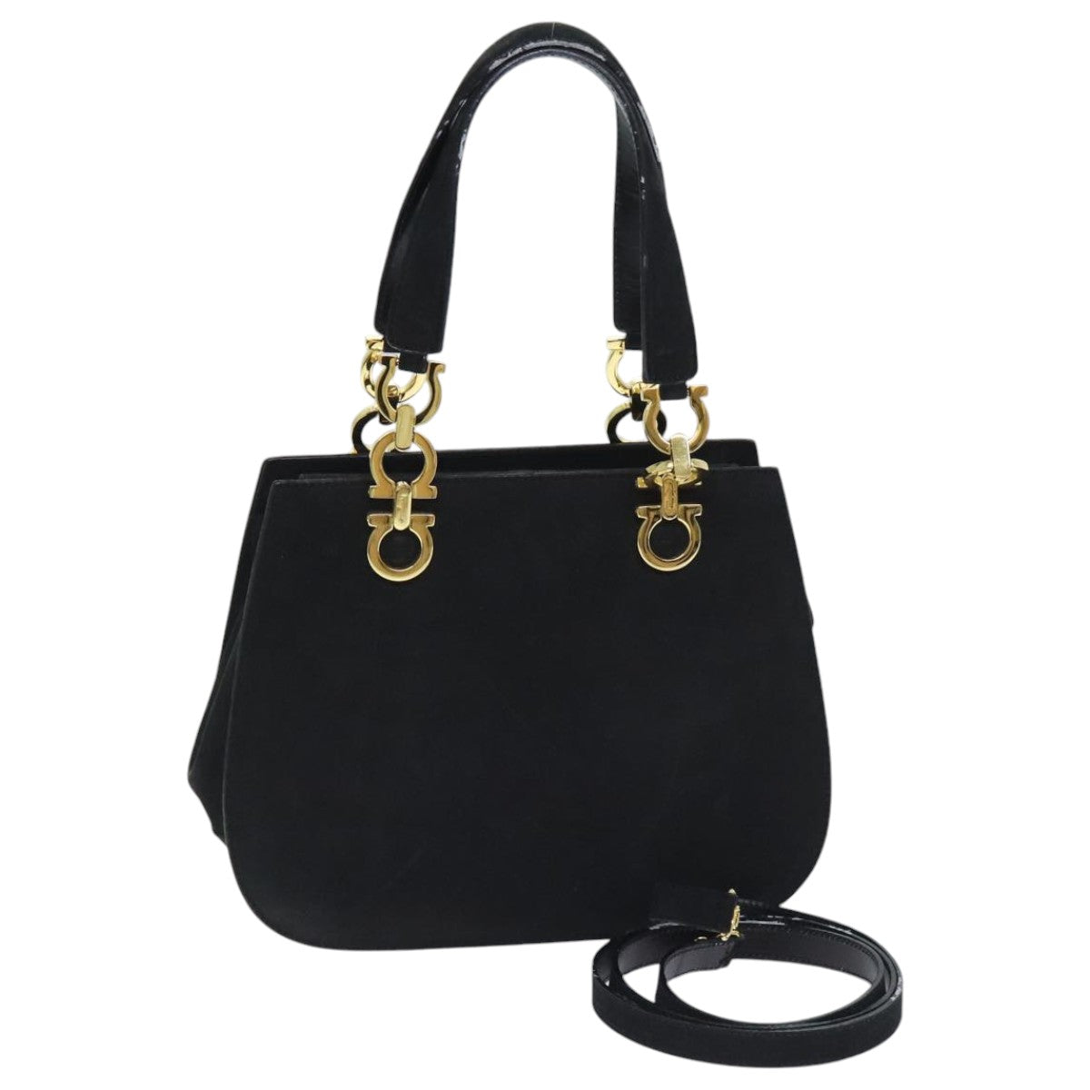 Salvatore Ferragamo Gancini Hand Bag Suede 2way Black Gold Auth 93549