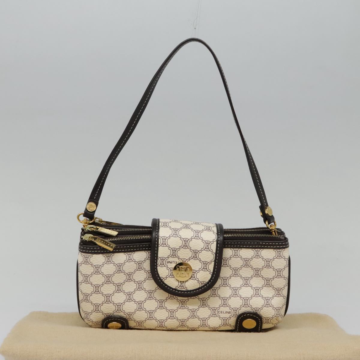 CELINE Macadam Canvas Accessory Pouch PVC Leather White Gold Auth 93826AV