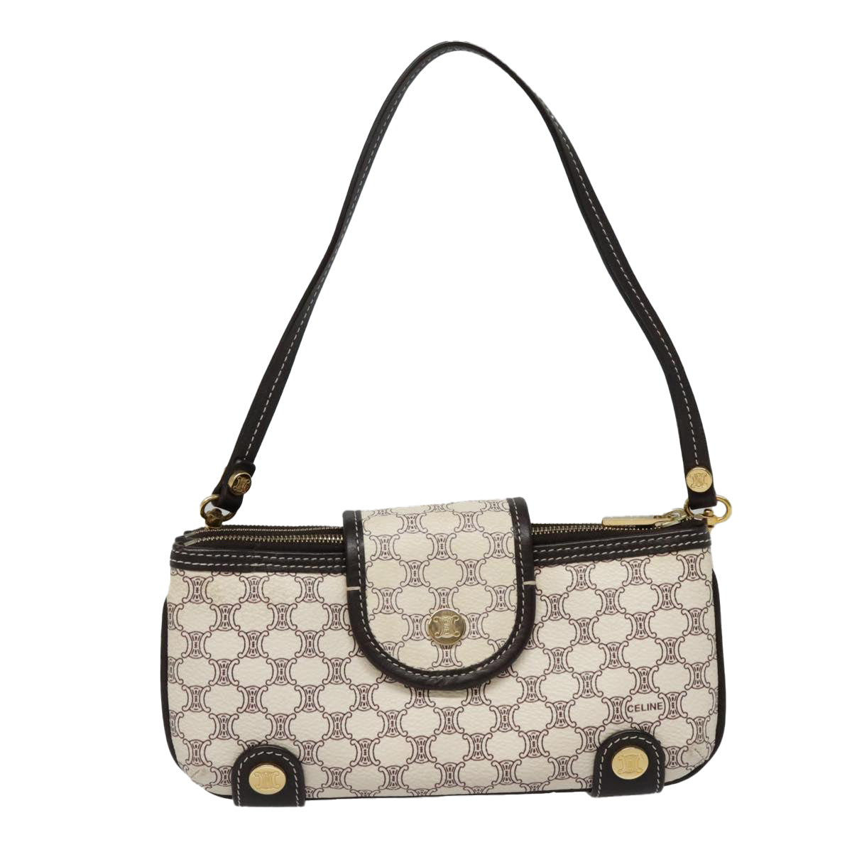 CELINE Macadam Canvas Accessory Pouch PVC Leather White Gold Auth 93826AV