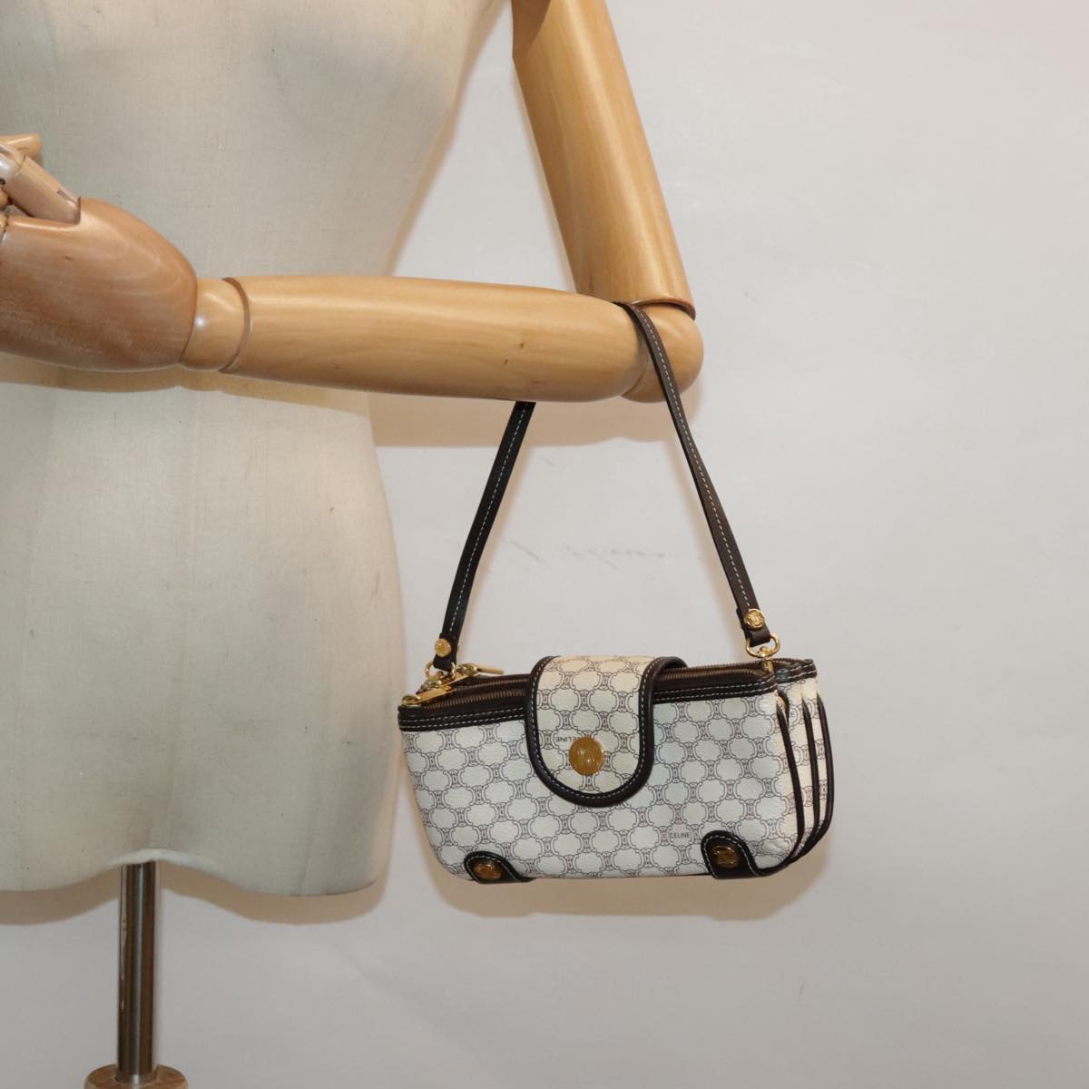 CELINE Macadam Canvas Accessory Pouch PVC Leather White Gold Auth 93826AV