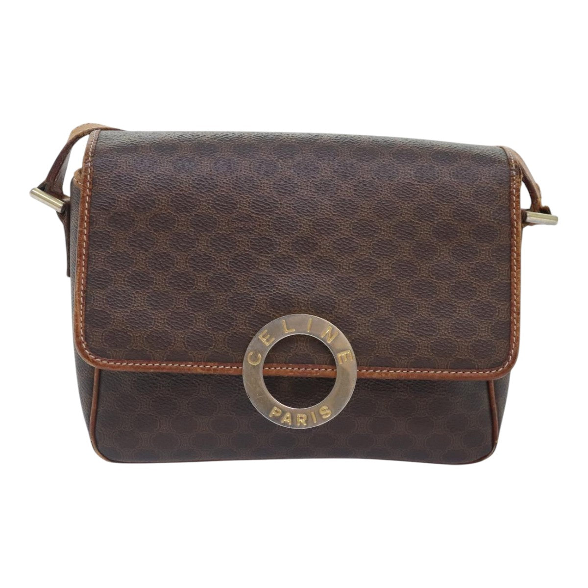 CELINE Macadam Canvas Shoulder Bag PVC Leather Brown Gold Auth 93829