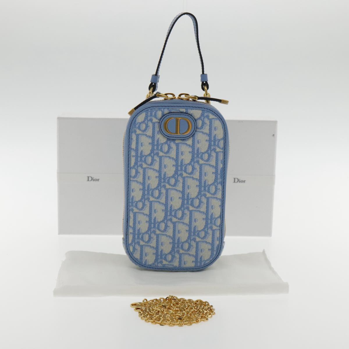 Christian Dior Chain Trotter Canvas Shoulder Bag Blue Gold Auth 94170SAM