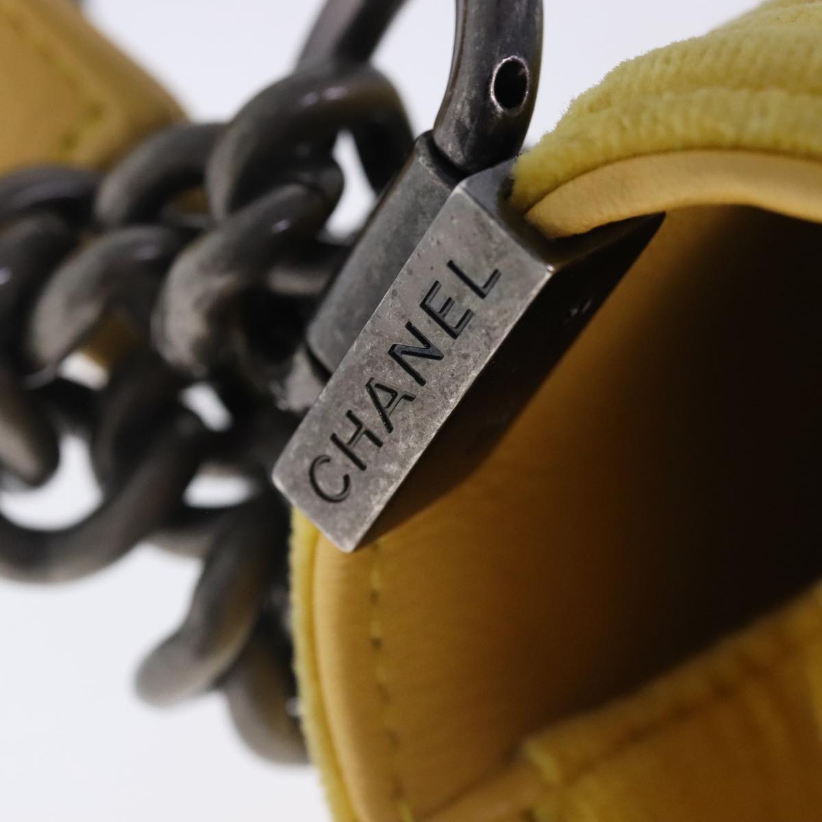 CHANEL Matelasse 20 Chain Boy Chanel Shoulder Bag Velor Yellow CC Auth 94468V