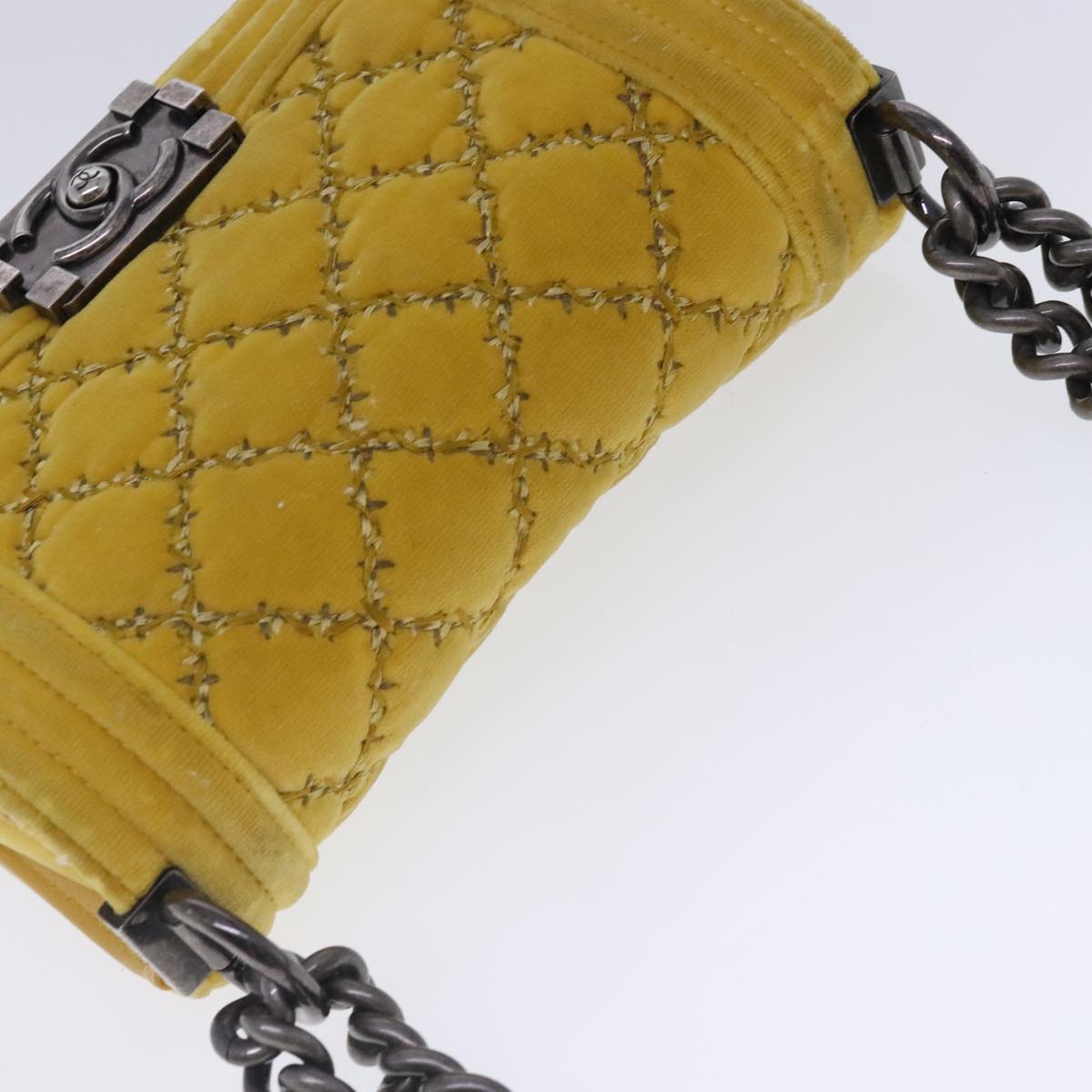 CHANEL Matelasse 20 Chain Boy Chanel Shoulder Bag Velor Yellow CC Auth 94468V
