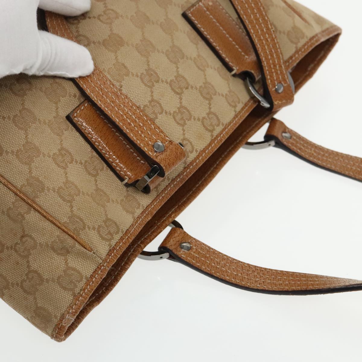 GUCCI GG Canvas Hand Bag Brown Silver 113019 3444 Auth 94718