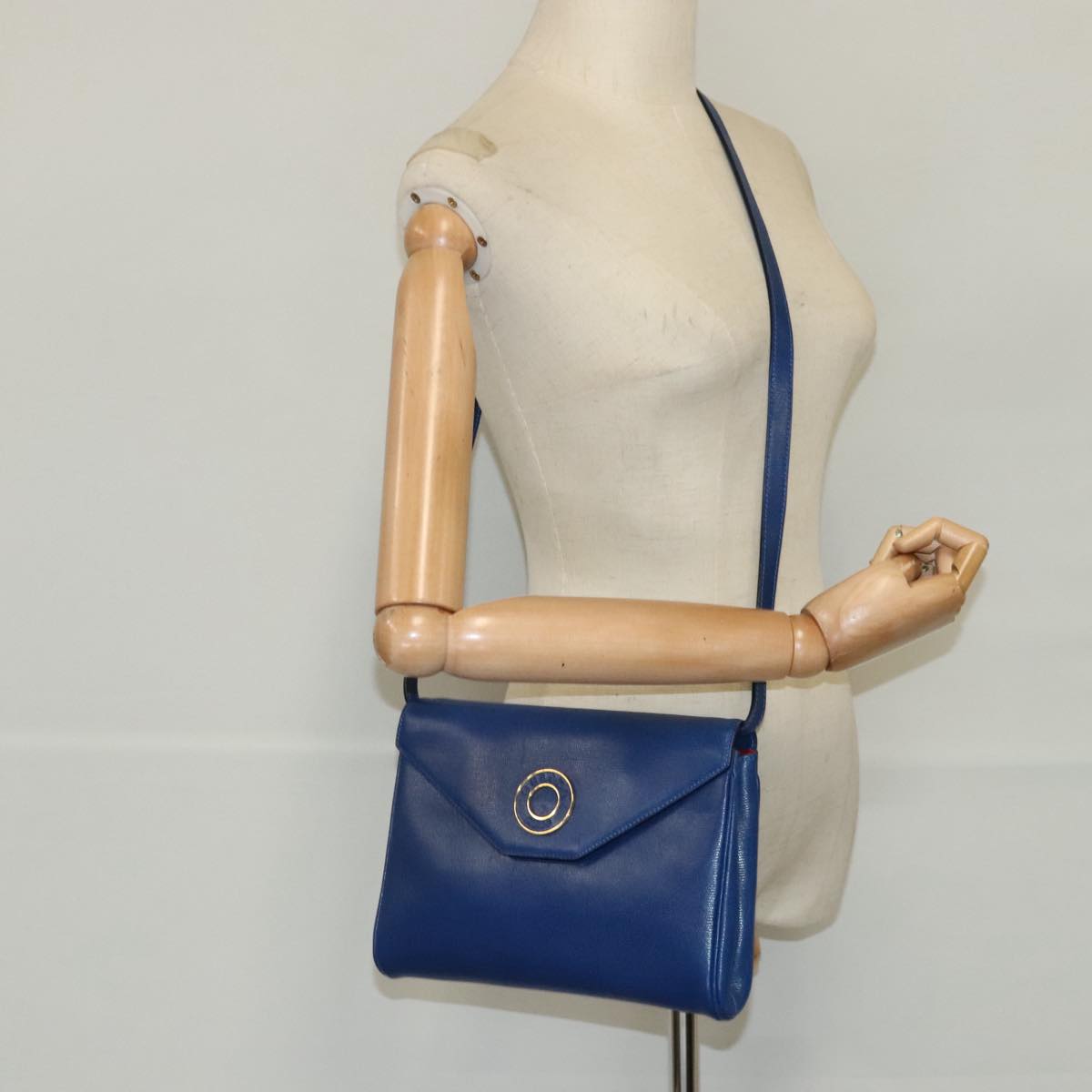 CELINE Shoulder Bag Leather Blue Gold Auth 94799V